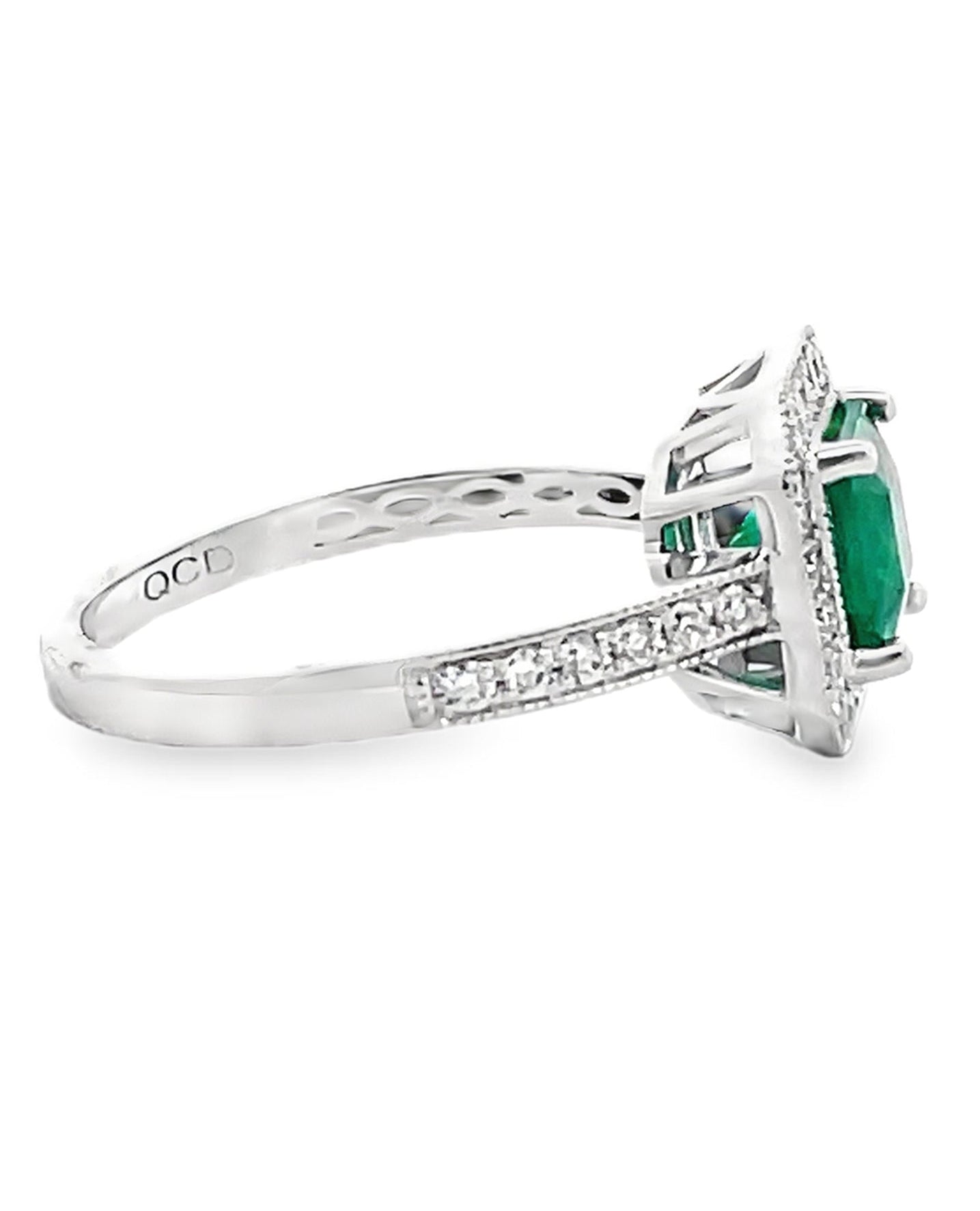 Halo Ring Set in 14K White Gold with 1.19 Carat Emerald and Round Diamonds