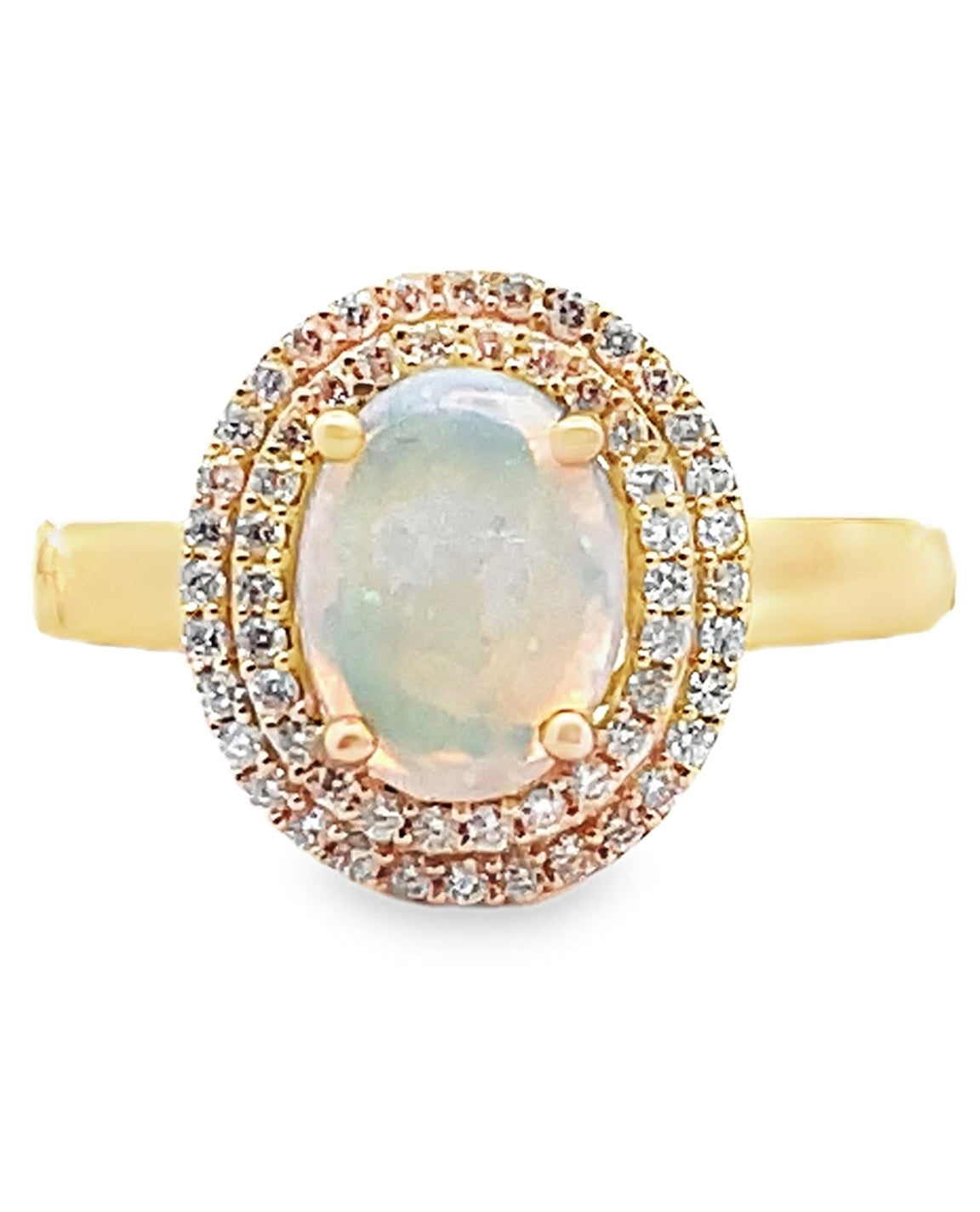 Oval Opal Ring in 14K Yellow Gold with Double Halo Diamond