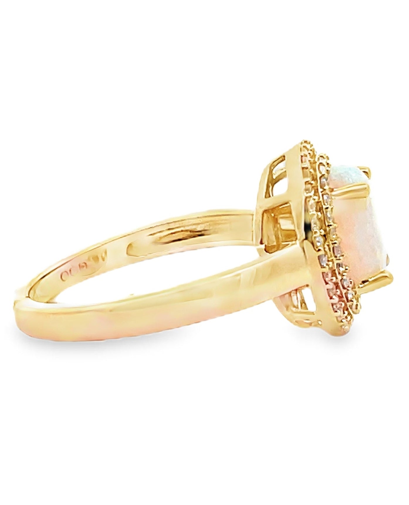 Oval Opal Ring in 14K Yellow Gold with Double Halo Diamond