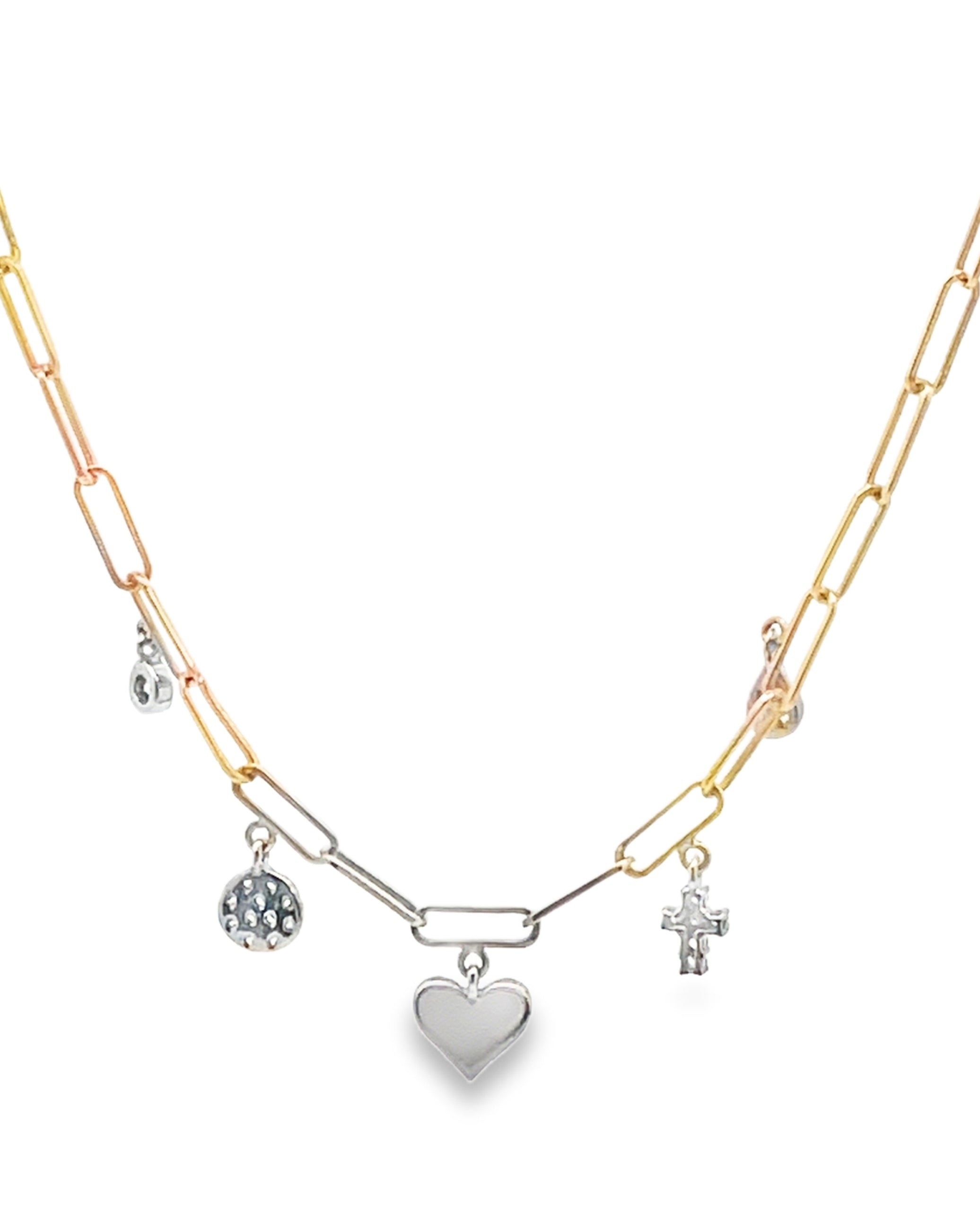 Meira T N14540/TY 14K Yellow Gold Mini Heart & Cross Charm Necklace with Diamonds