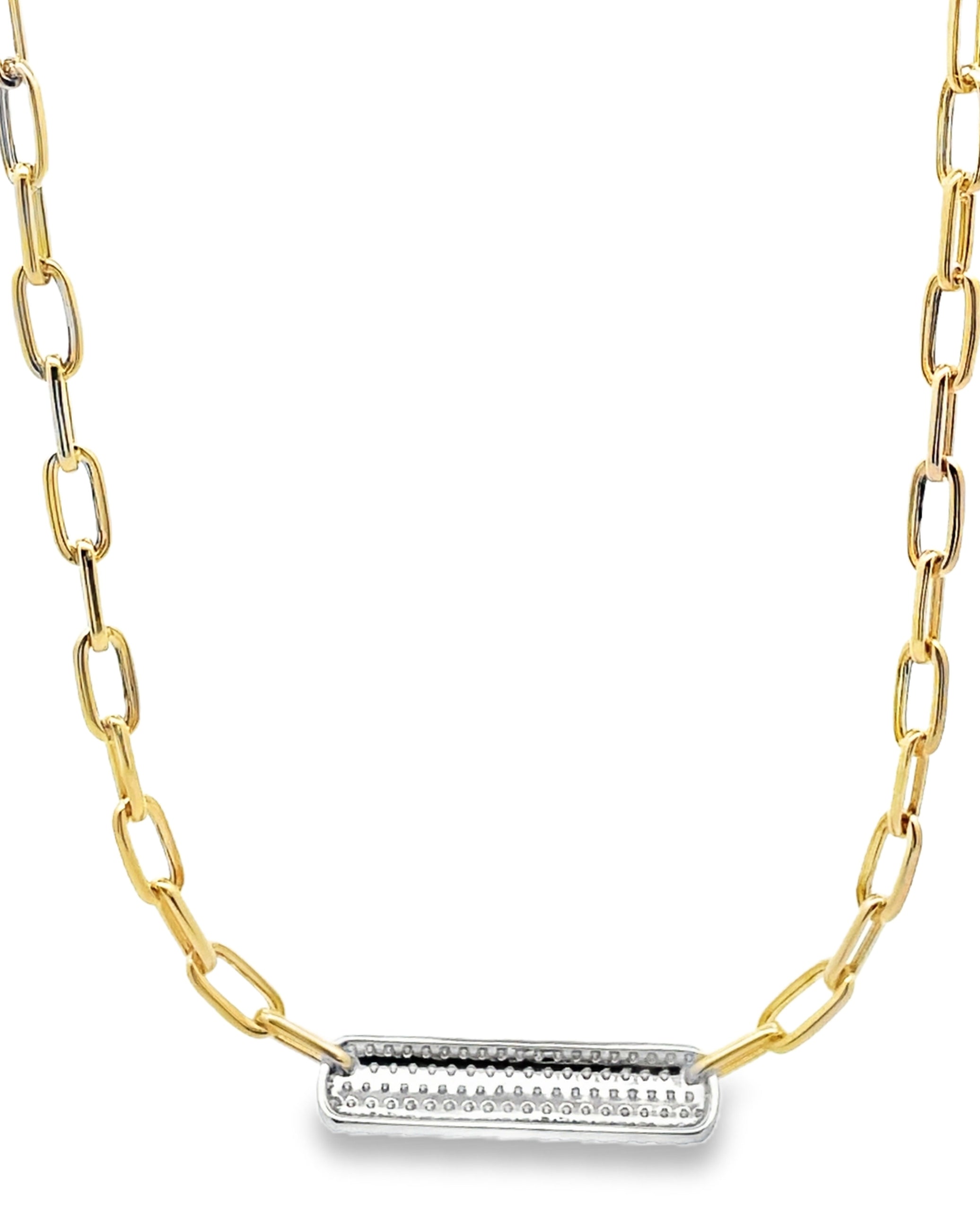 14K Yellow Gold Rounded Paperclip Chain & Diamond Bar Necklace