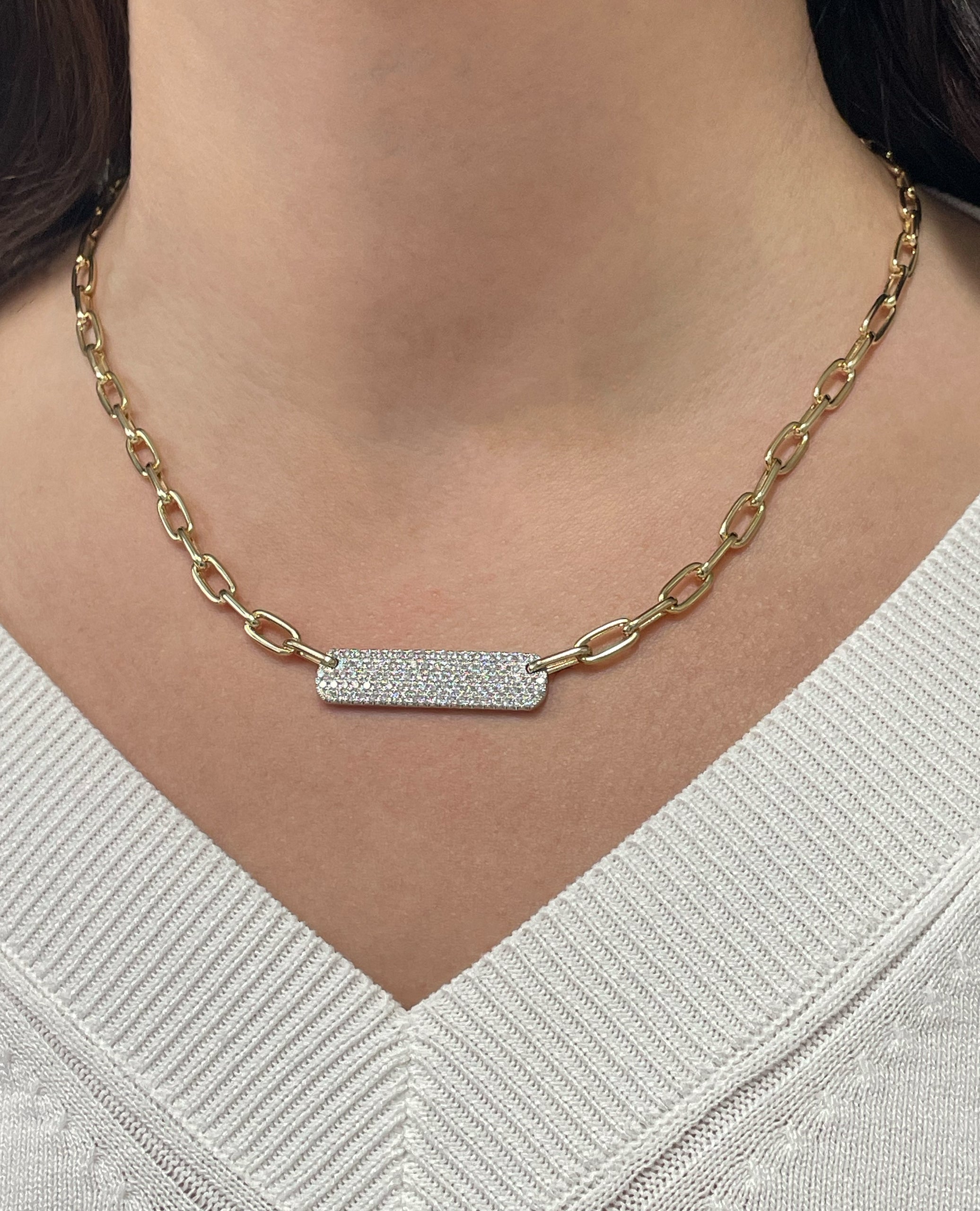 14K Yellow Gold Rounded Paperclip Chain & Diamond Bar Necklace