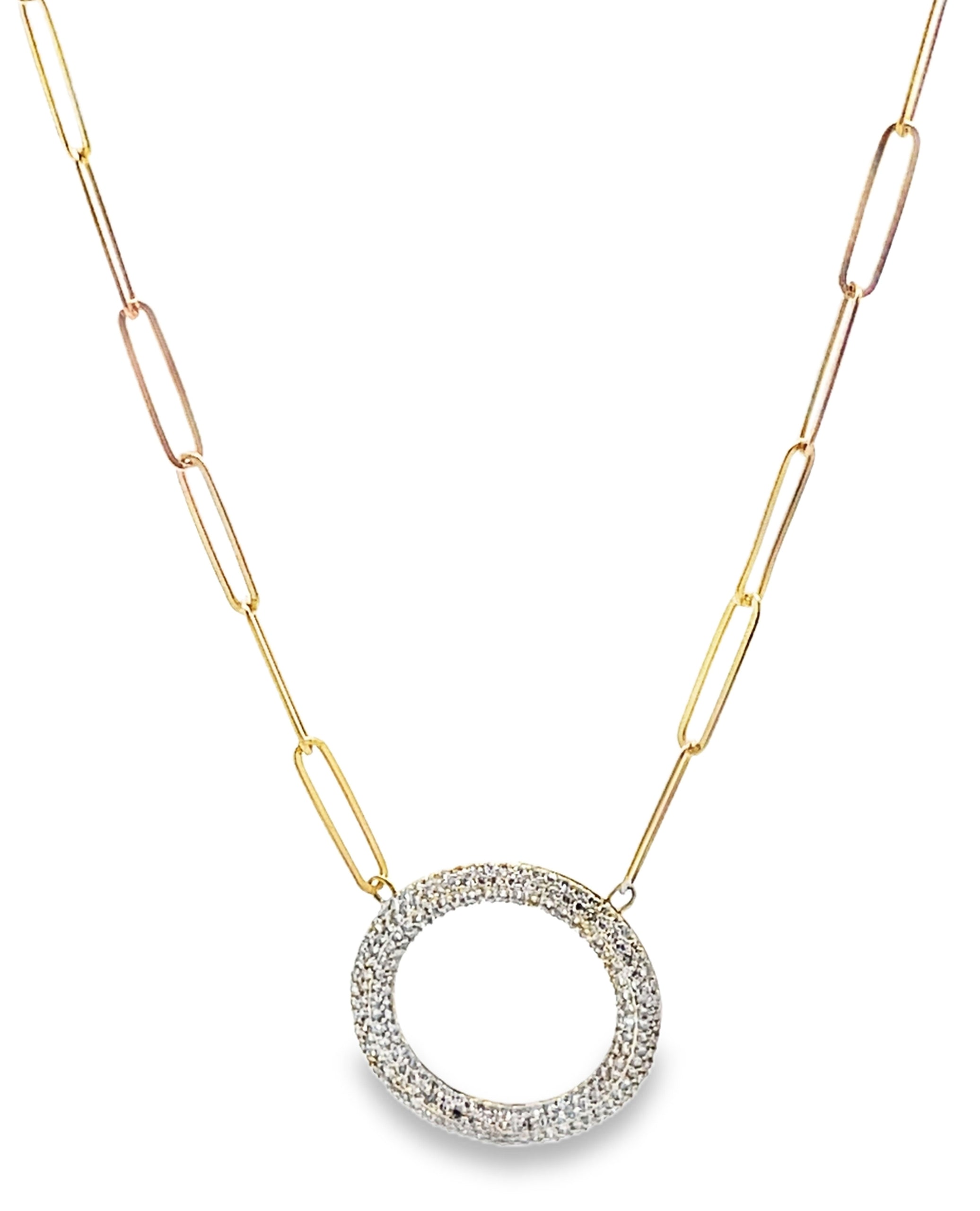 14K Yellow Gold Paperclip Chain & Round Diamond Pendant Necklace