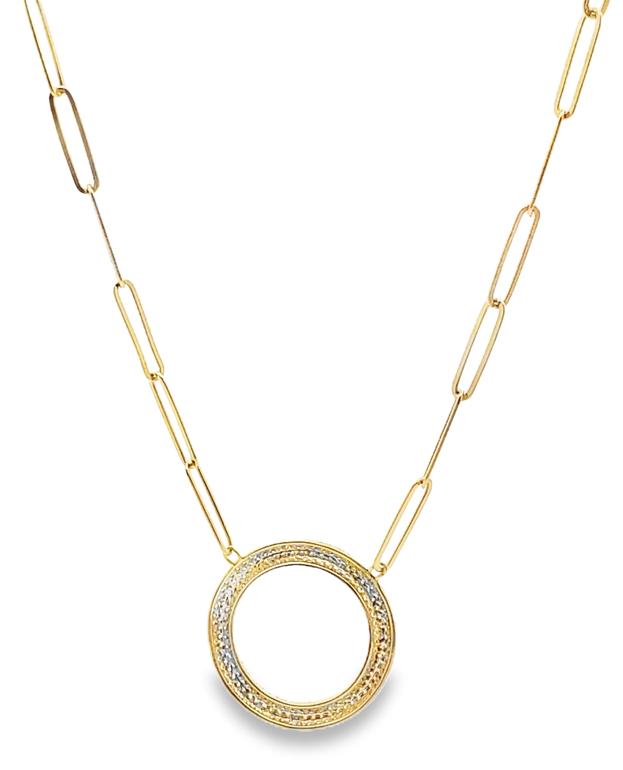 14K Yellow Gold Paperclip Chain & Round Diamond Pendant Necklace