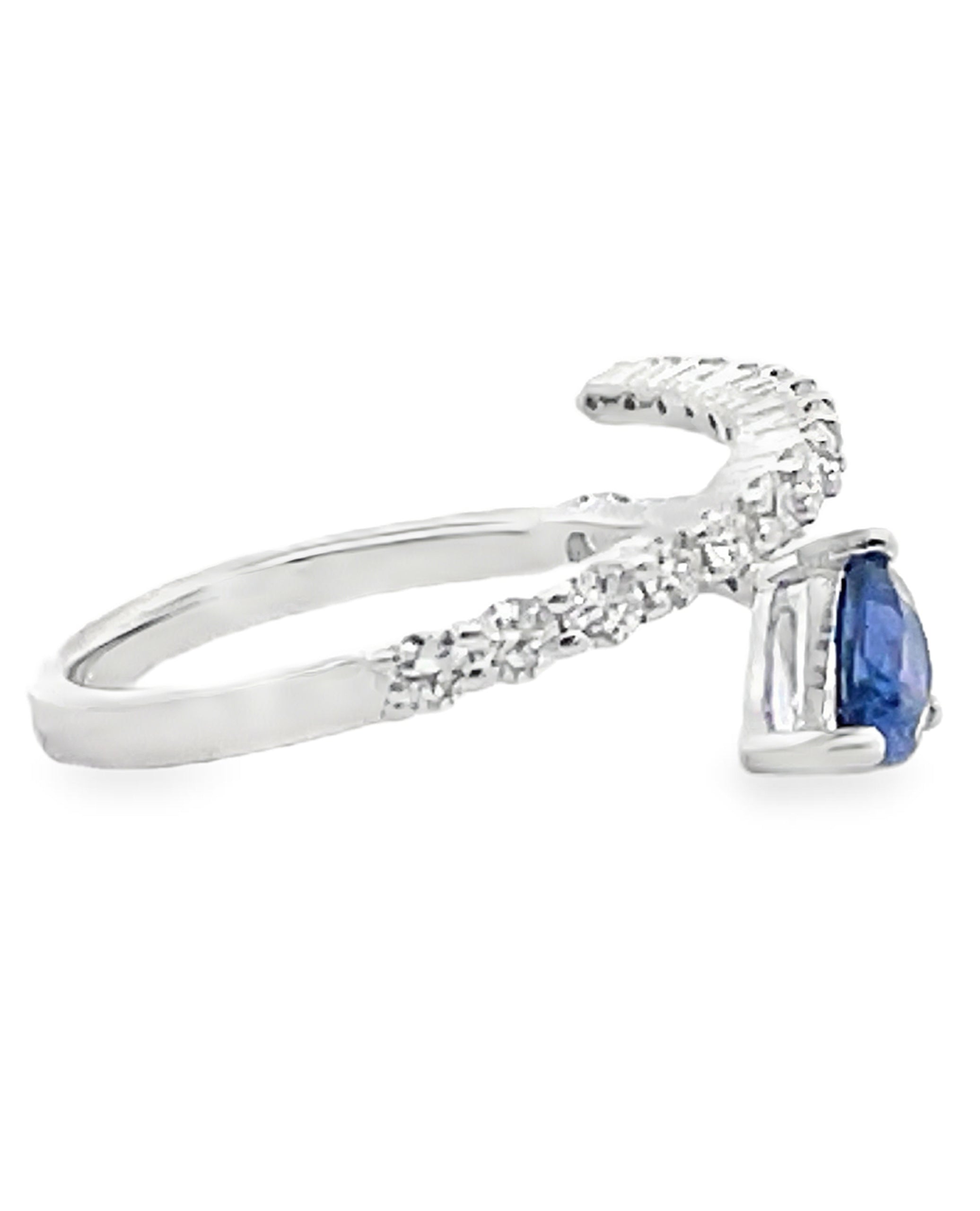 14K White Gold Diamond and Blue Sapphire Bypass Ring