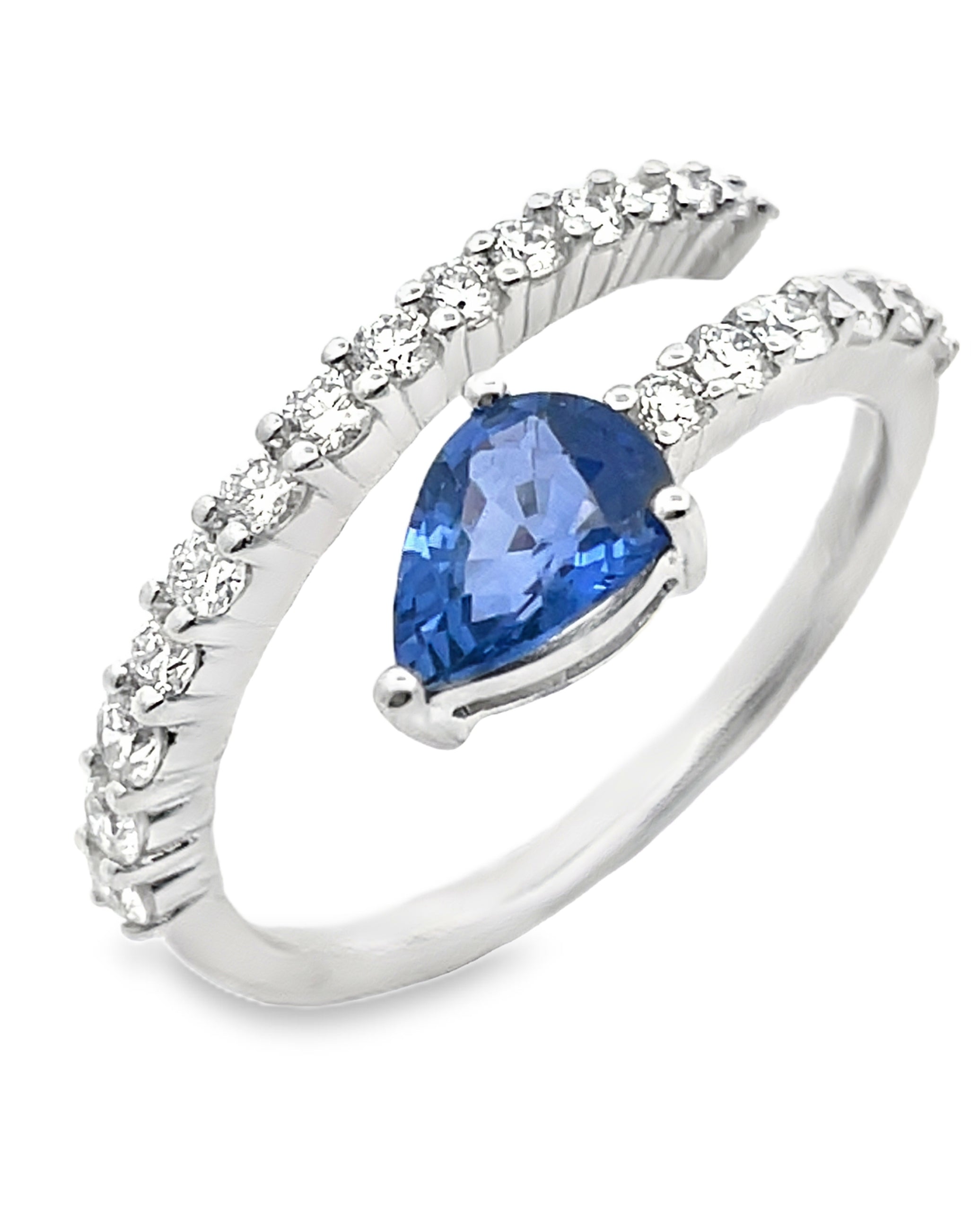 14K White Gold Diamond and Blue Sapphire Bypass Ring