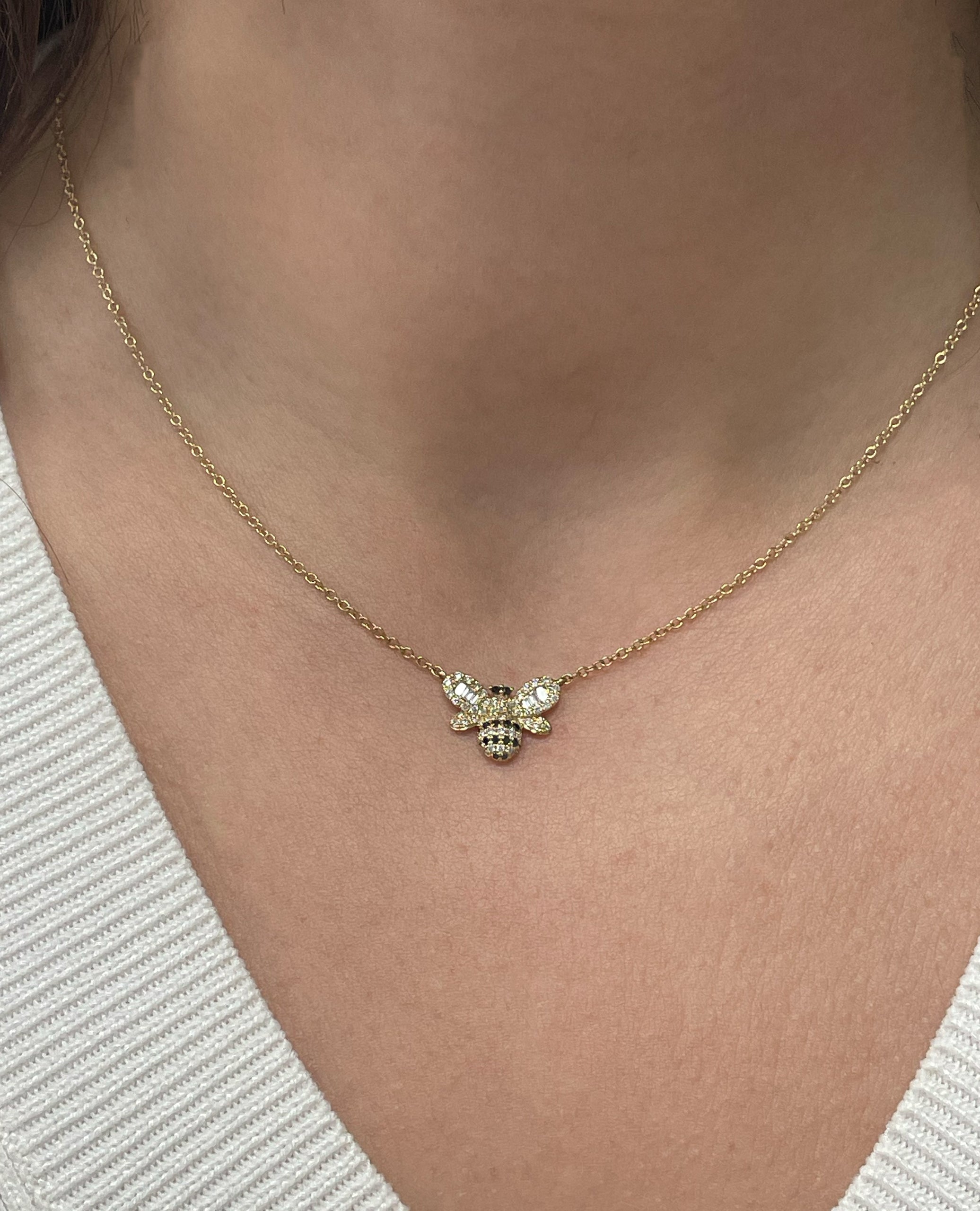 18K Yellow Gold Diamond Bee Pendant Necklace
