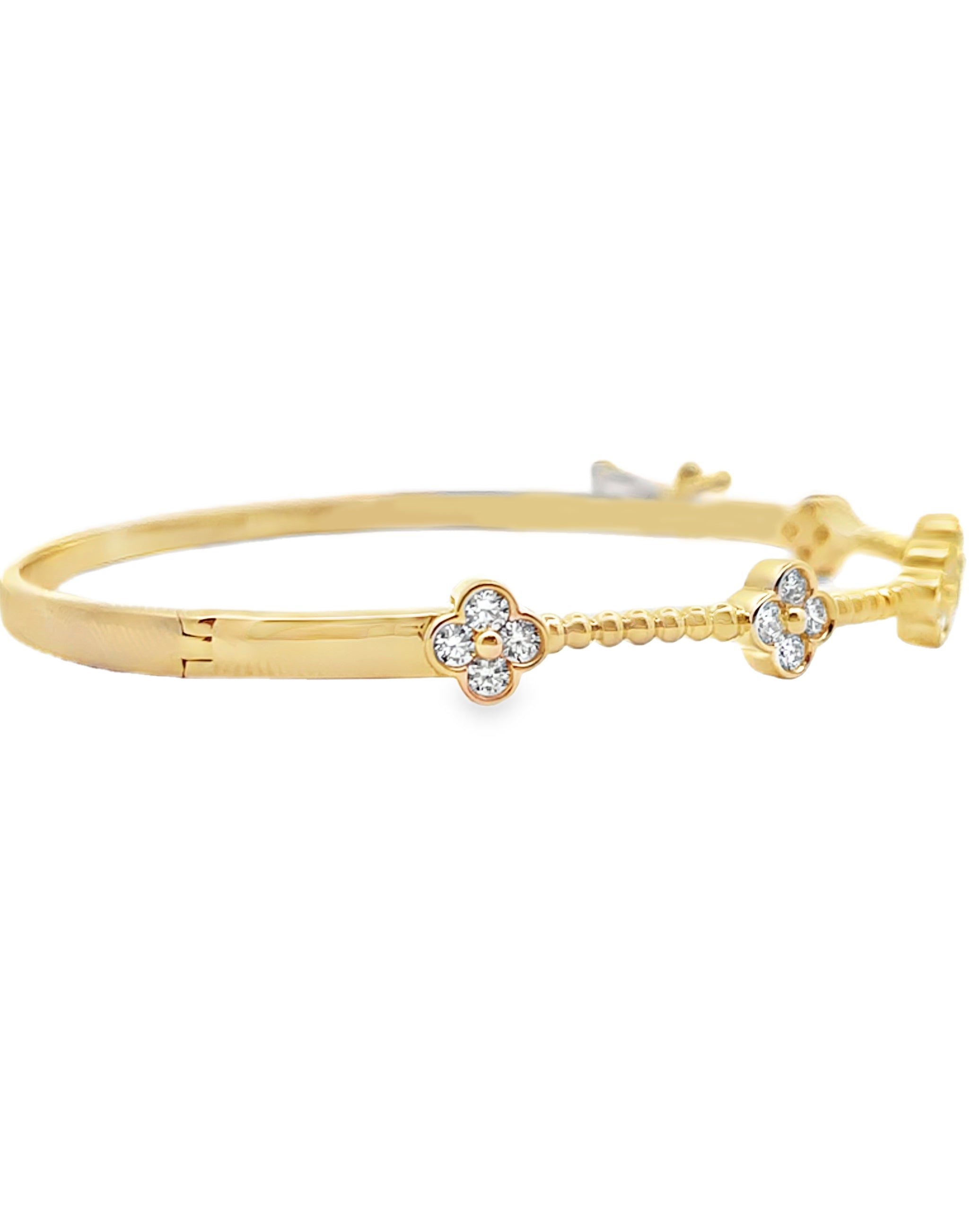 Allison Kaufman 14K Yellow Gold Diamond Four Leaf Quatrefoil Hinged Bangle Bracelet