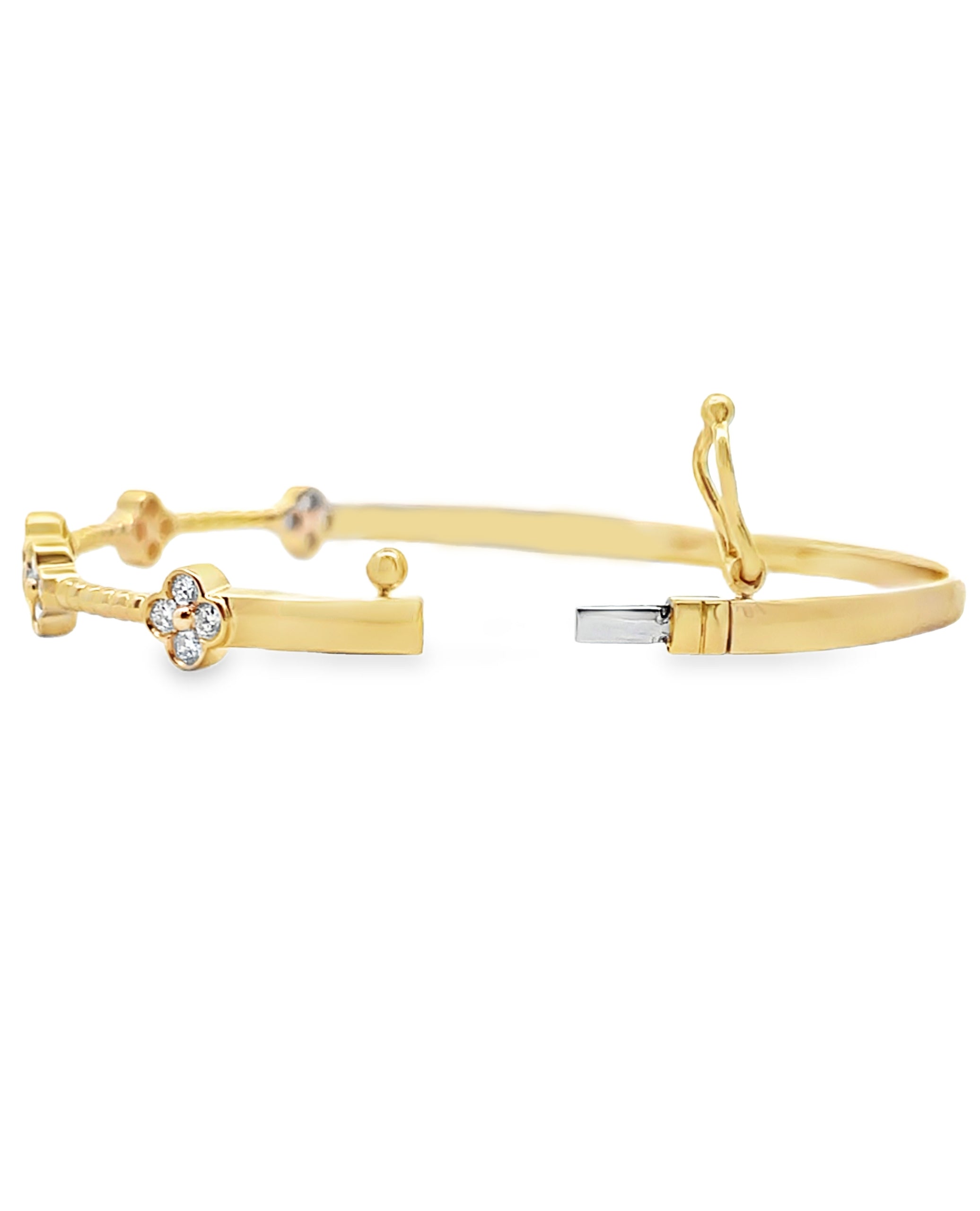 Allison Kaufman 14K Yellow Gold Diamond Four Leaf Quatrefoil Hinged Bangle Bracelet