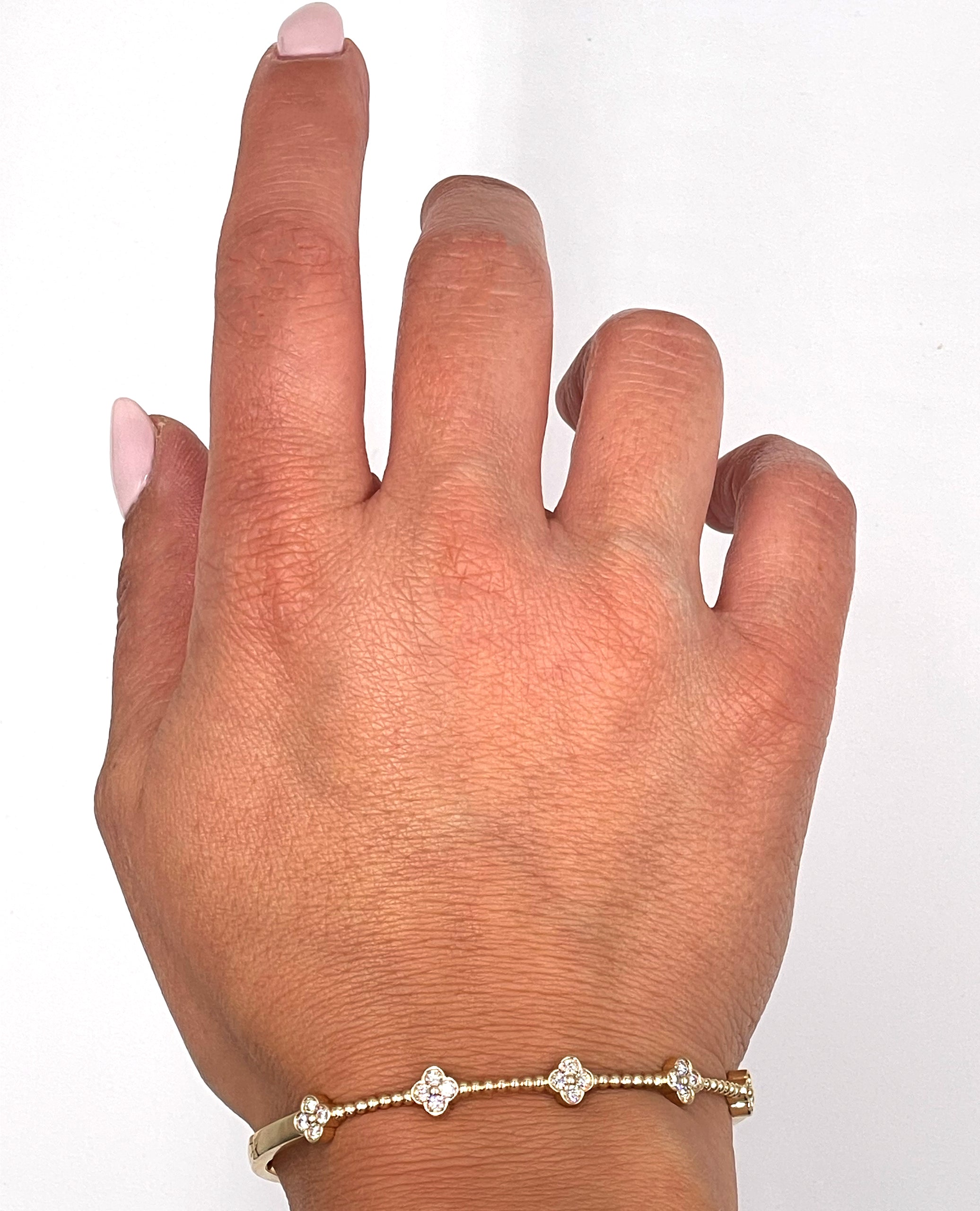 Allison Kaufman 14K Yellow Gold Diamond Four Leaf Quatrefoil Hinged Bangle Bracelet