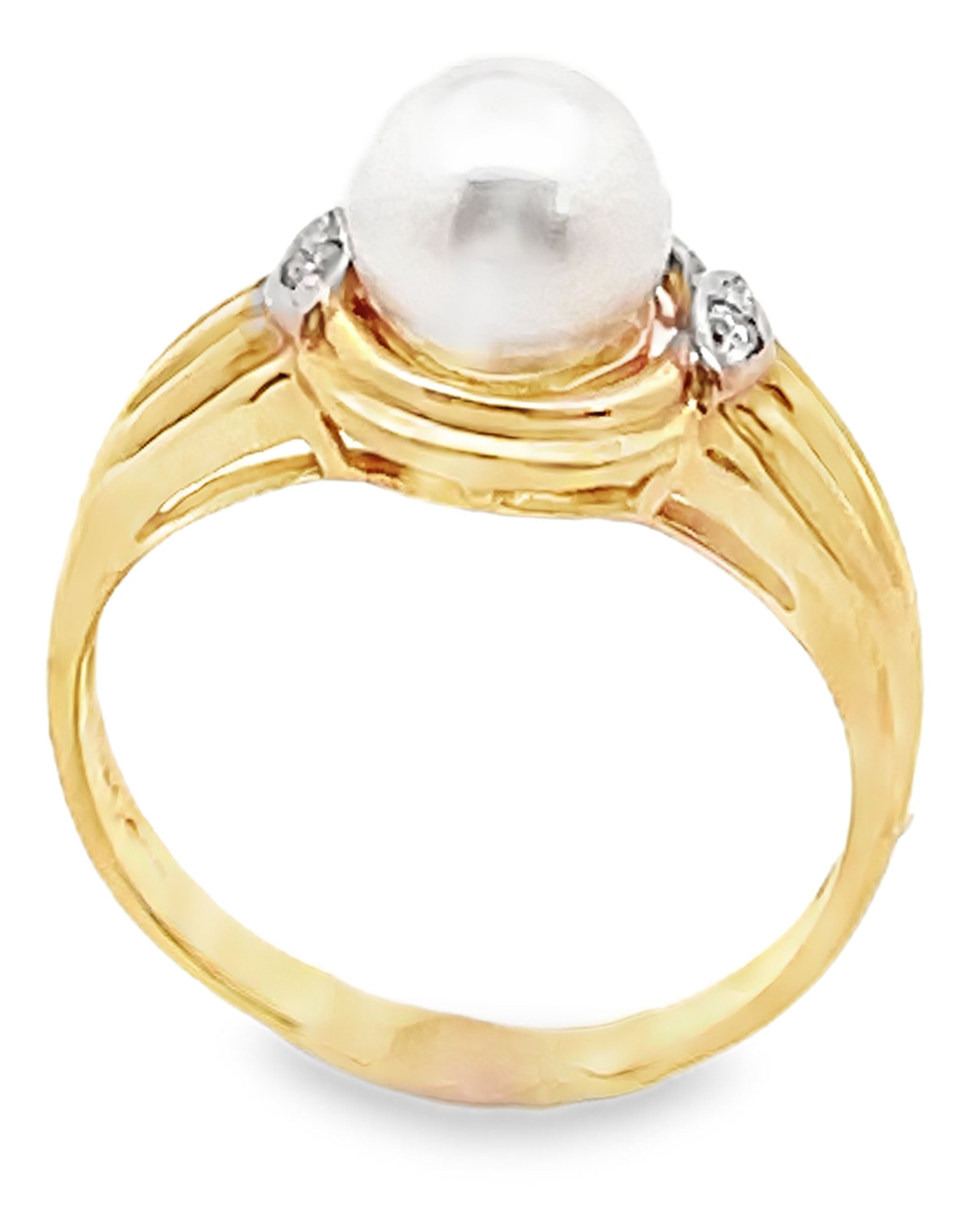 14K Yellow Gold Pearl Ring with Diamonds- Size 5.75