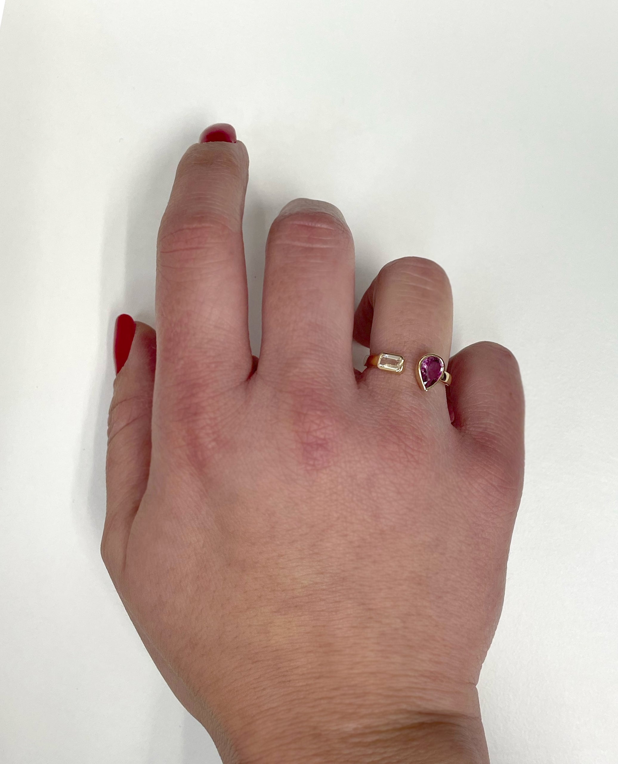 14K Yellow Gold Open Ring with Pear Shaped Pink Sapphire and Step Cut White Topaz