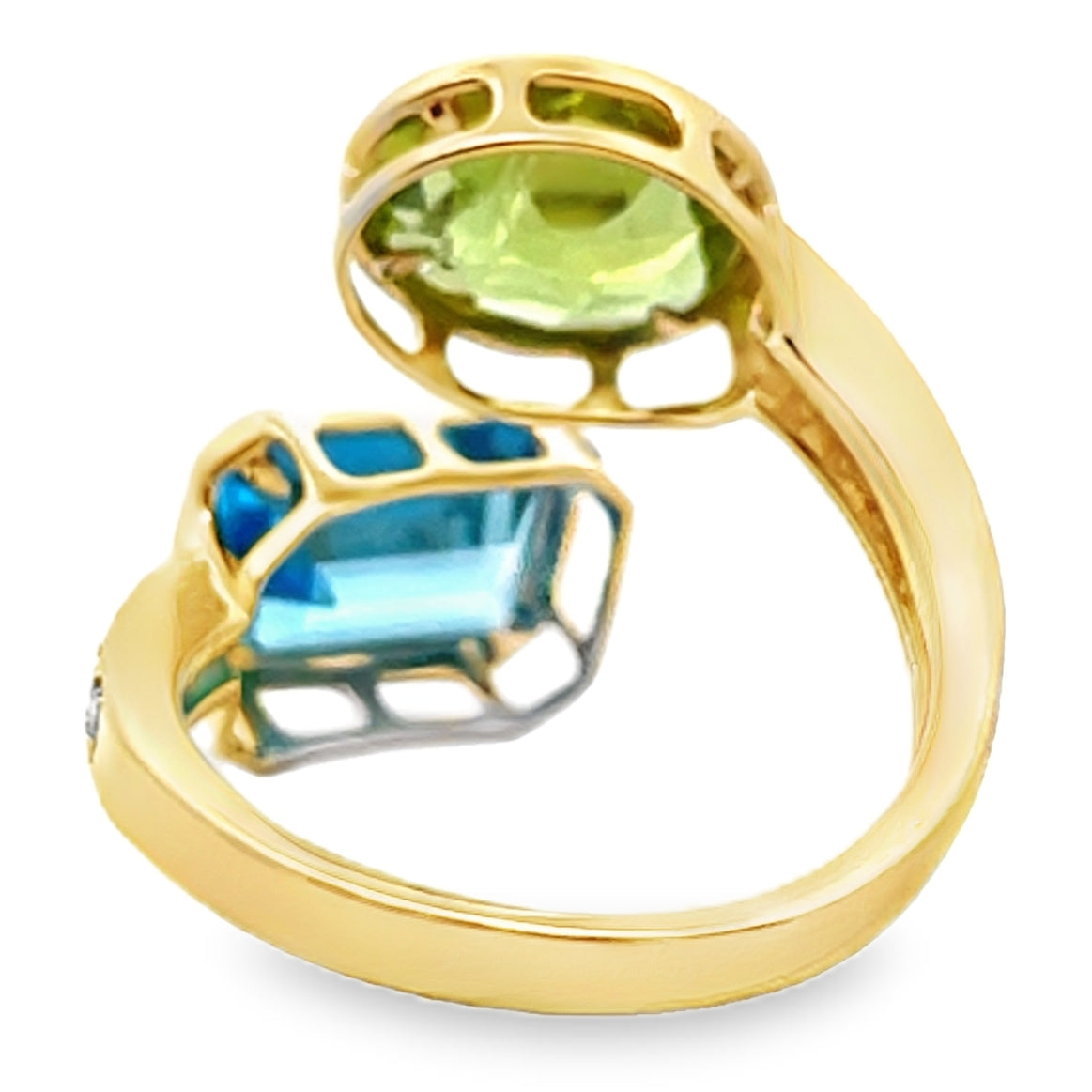 14K Yellow Gold Bypass Ring With Diamonds Totaling 0.23 Carats, One Blue Topaz 2.64 Carats, One Oval Peridot 1.73 Carats