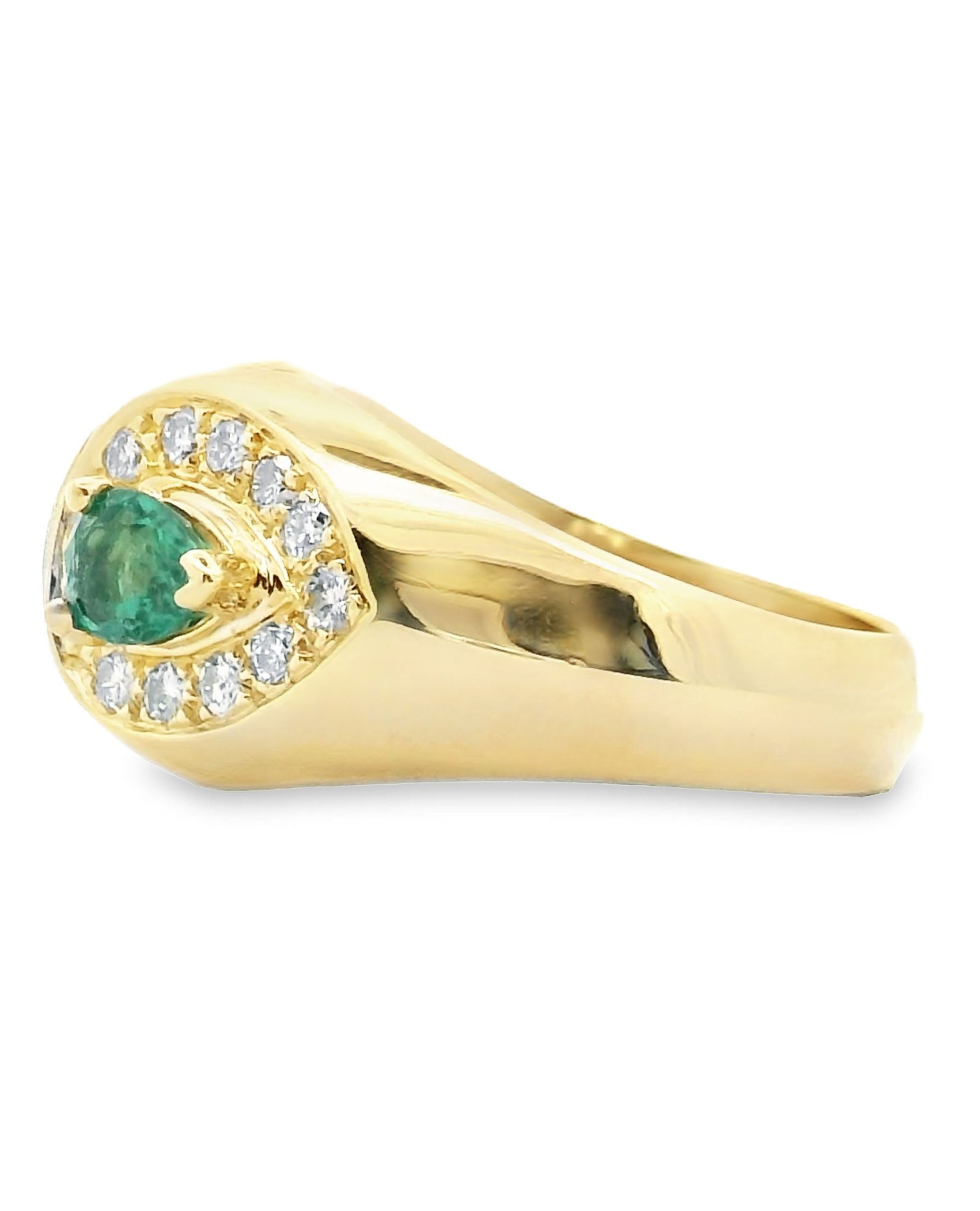 Vintage Pear Shaped Emerald Ring with Baguette & Round Diamonds Set in 18K Yellow Gold
