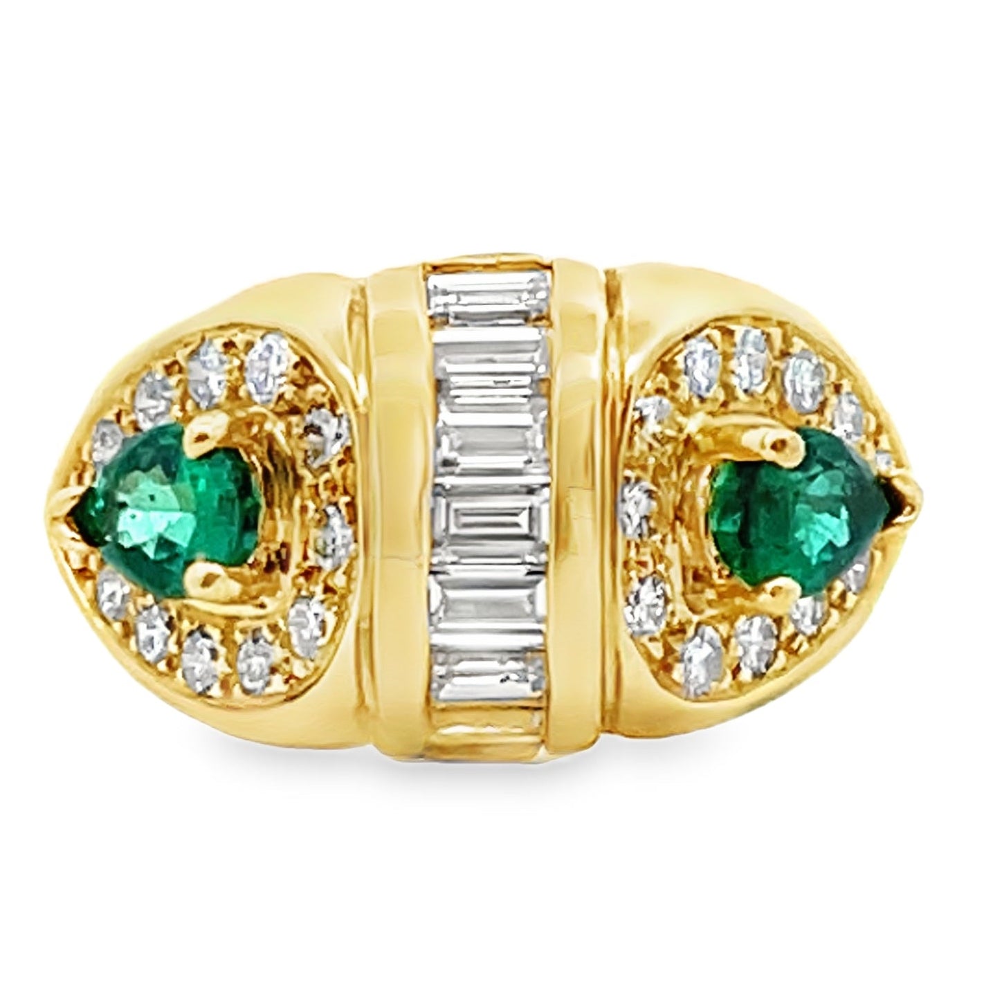 Vintage Pear Shaped Emerald Ring with Baguette & Round Diamonds Set in 18K Yellow Gold