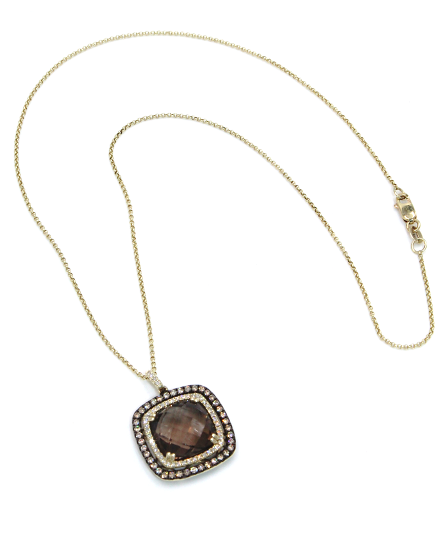 Smoky Quartz Necklace with Brown Diamonds in 14K Yellow Gold