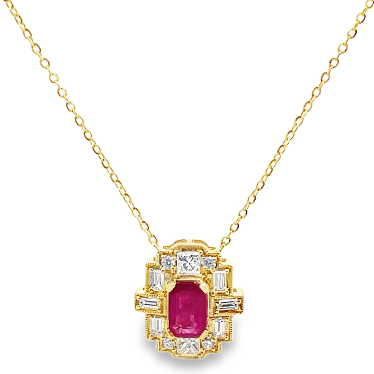 14K Yellow Gold Necklace with Oval Ruby 0.73 Carats, Diamonds Totaling 0.38 Carats, Adjustable Length