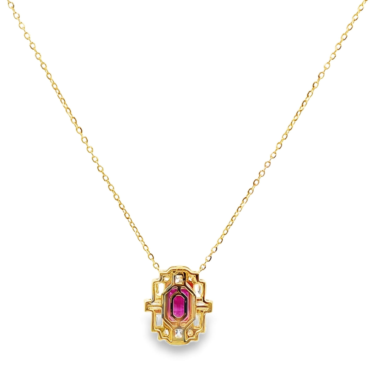 14K Yellow Gold Necklace with Oval Ruby 0.73 Carats, Diamonds Totaling 0.38 Carats, Adjustable Length