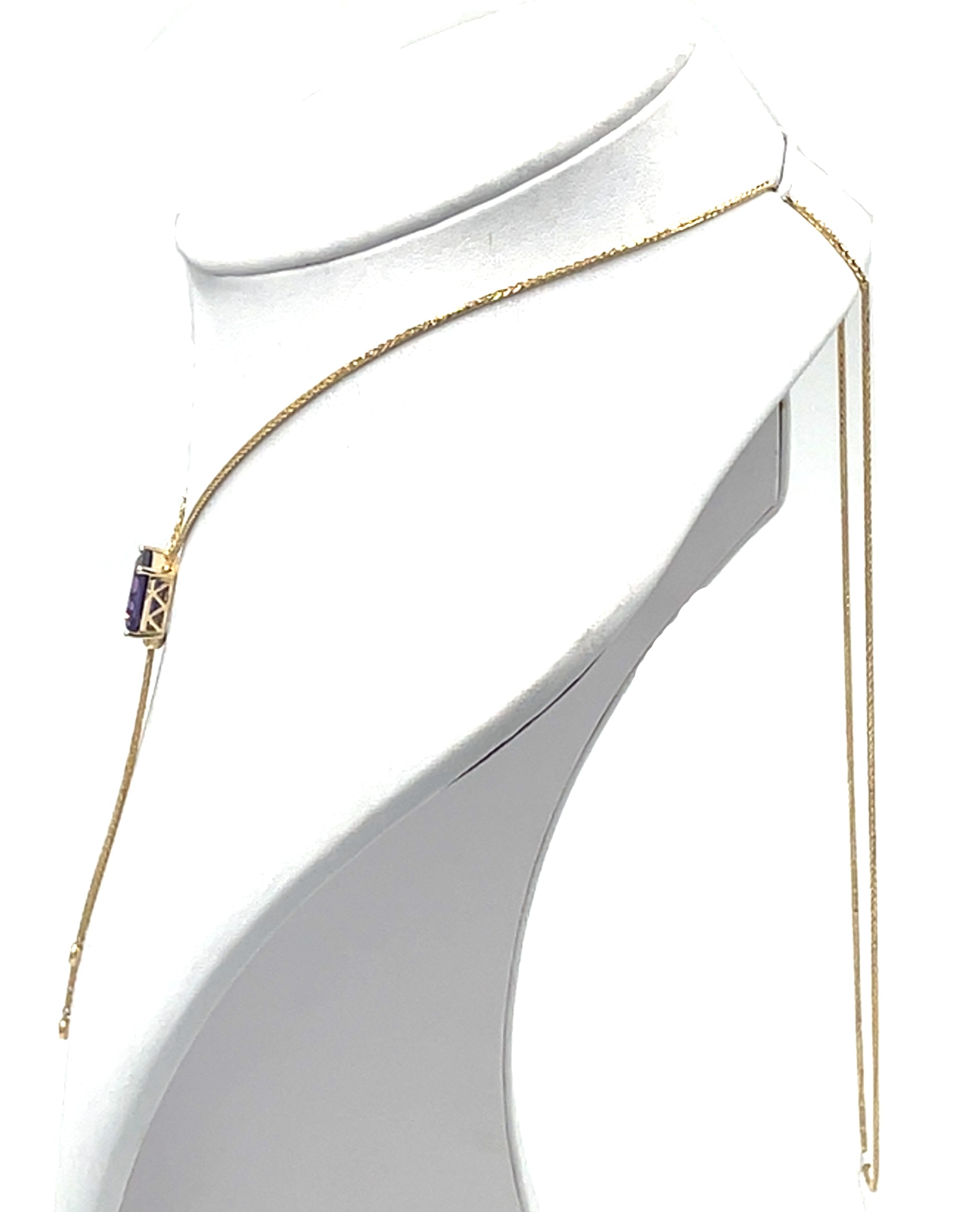 14K Yellow Gold Long Y-Shaped Necklace with One 4.56 Carat Amethyst & 0.14 Carat Diamonds