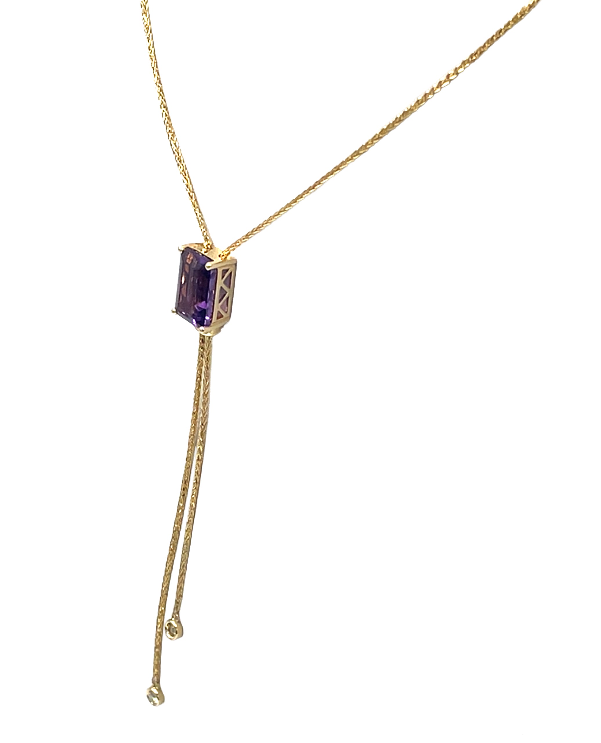 14K Yellow Gold Long Y-Shaped Necklace with One 4.56 Carat Amethyst & 0.14 Carat Diamonds