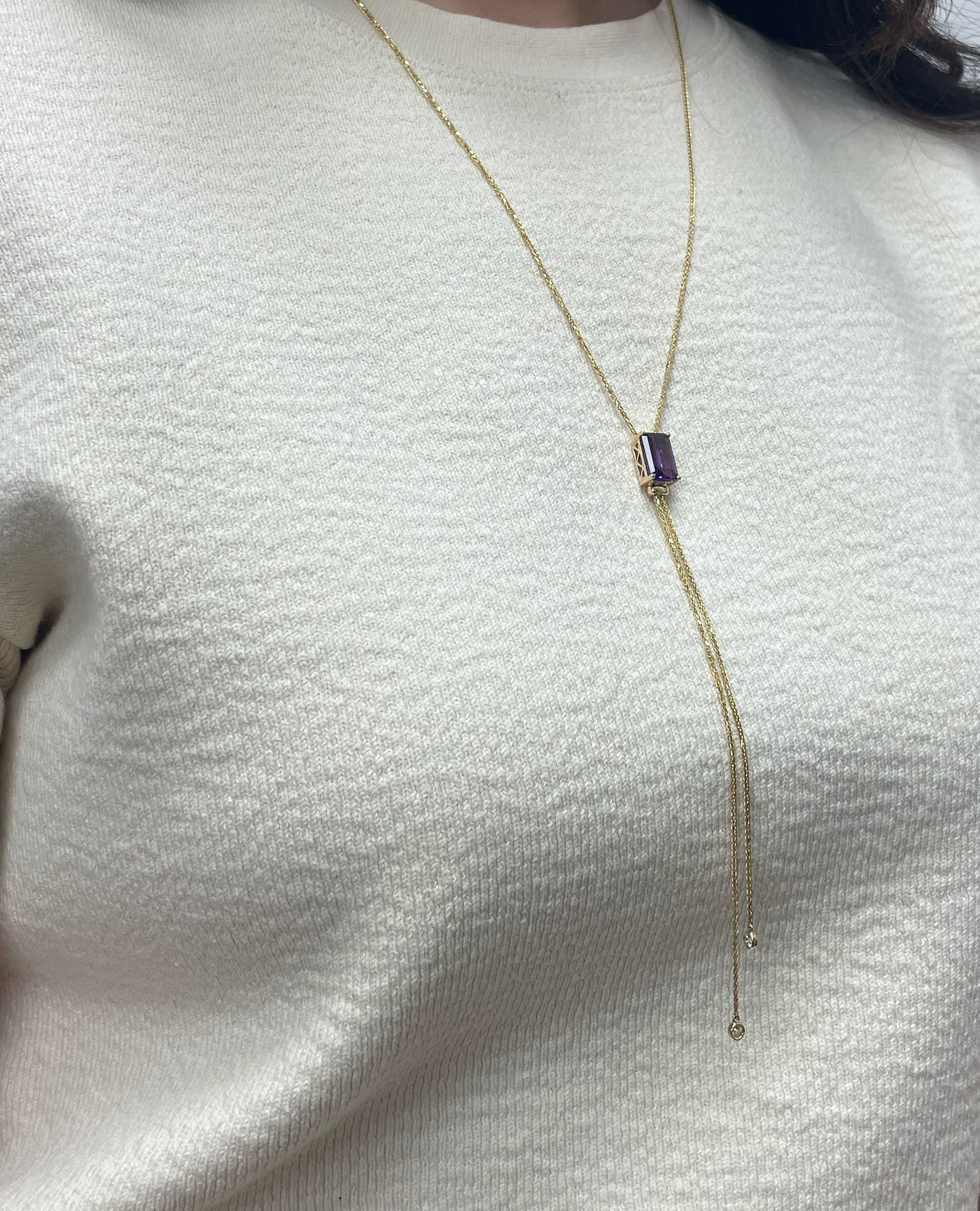 14K Yellow Gold Long Y-Shaped Necklace with One 4.56 Carat Amethyst & 0.14 Carat Diamonds