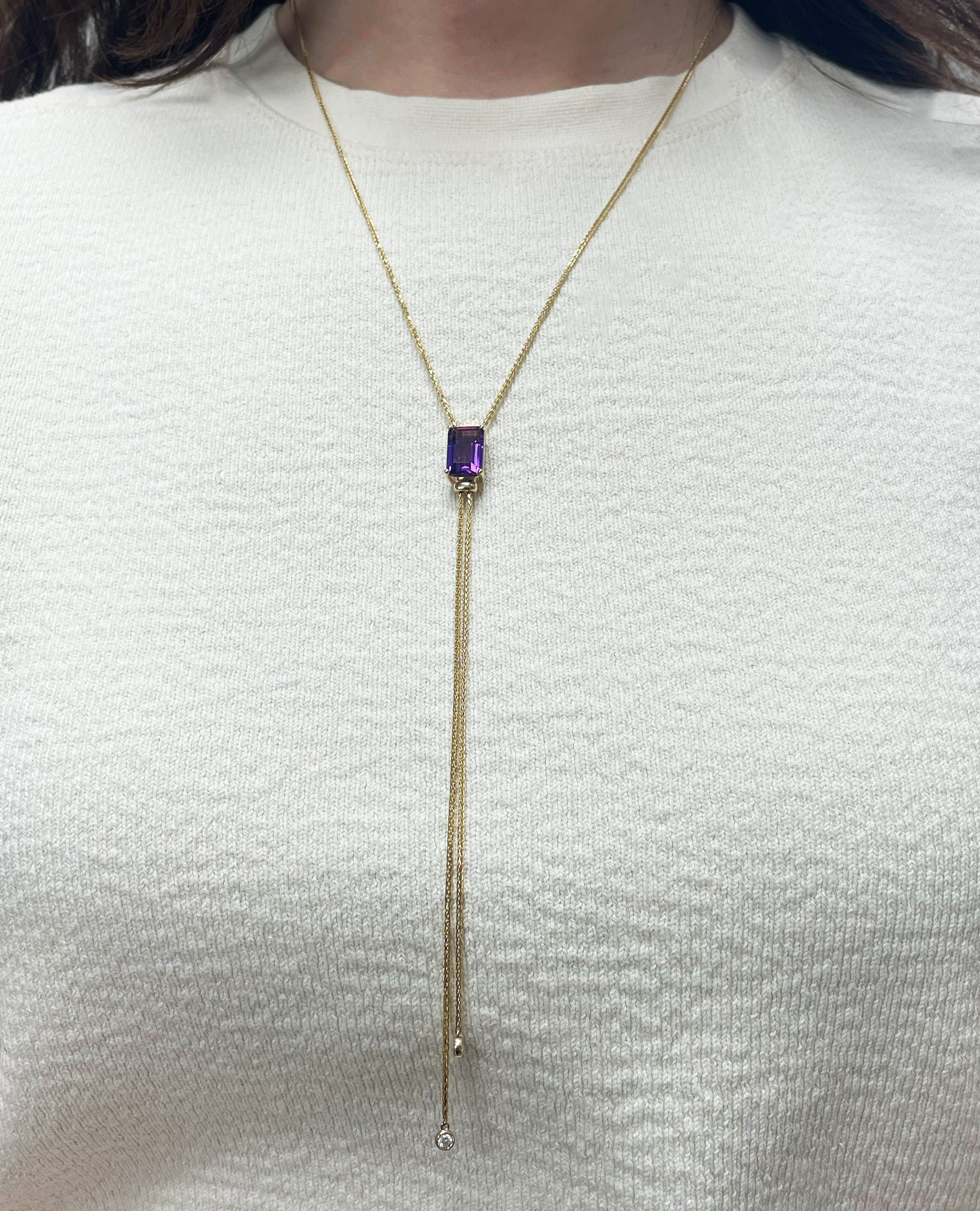 14K Yellow Gold Long Y-Shaped Necklace with One 4.56 Carat Amethyst & 0.14 Carat Diamonds
