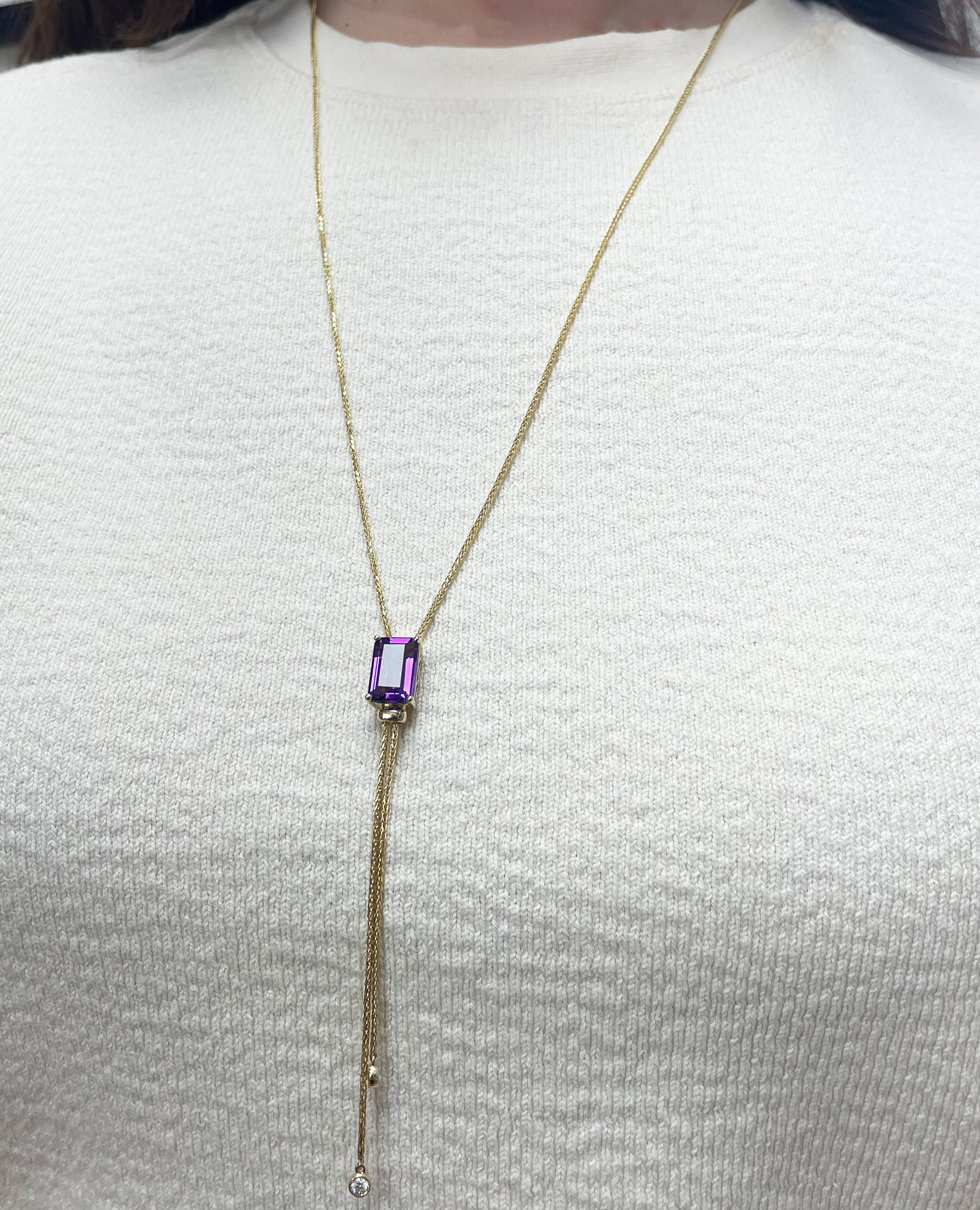 14K Yellow Gold Long Y-Shaped Necklace with One 4.56 Carat Amethyst & 0.14 Carat Diamonds
