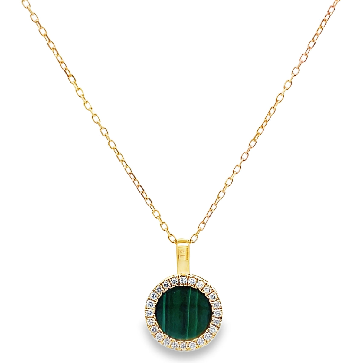 14K Yellow Gold Necklace With One Oval Malachite 1.93 Carats And Diamonds Totaling 0.12 Carats, Adjustable Length