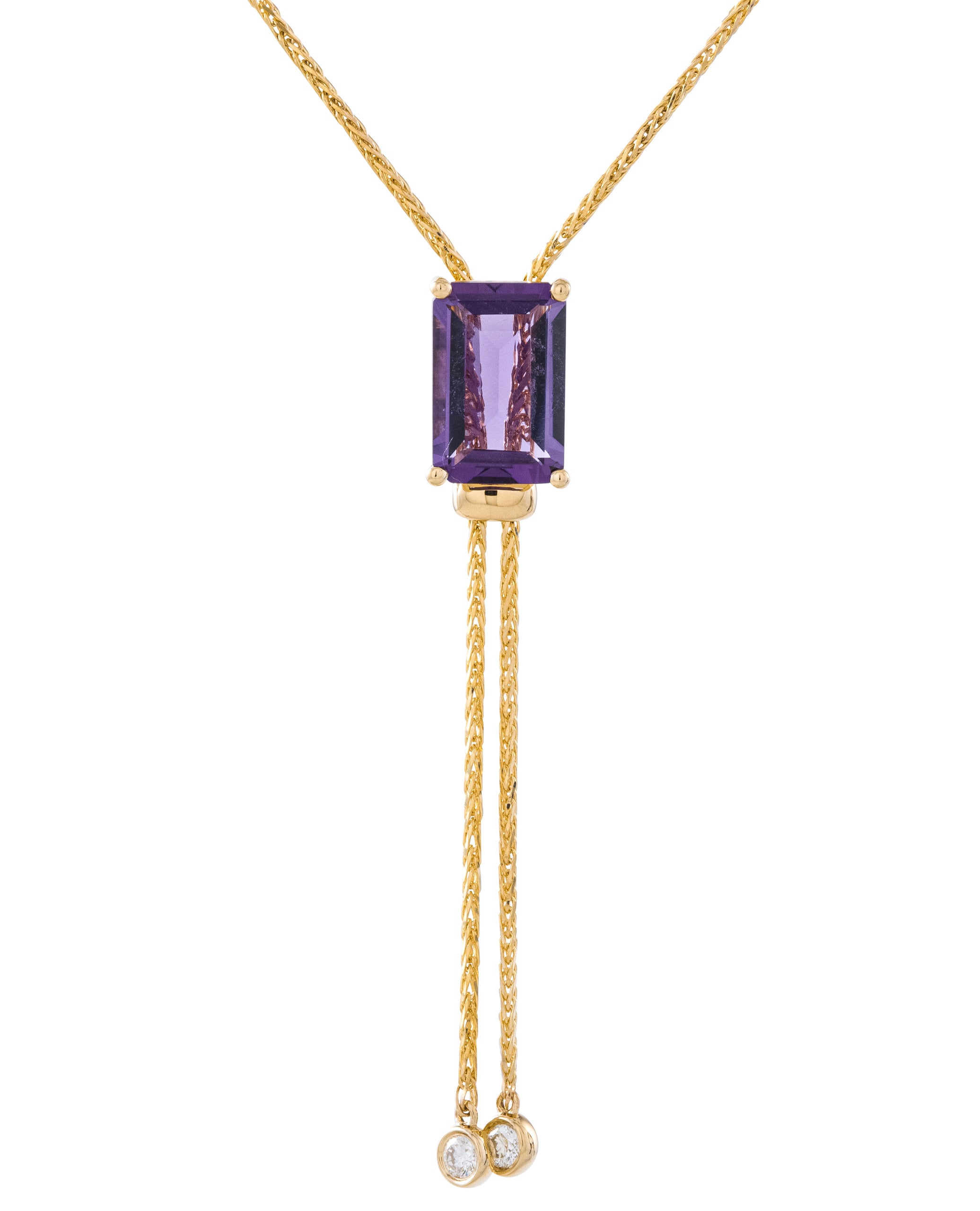 14K Yellow Gold Long Y-Shaped Necklace with One 4.56 Carat Amethyst & 0.14 Carat Diamonds
