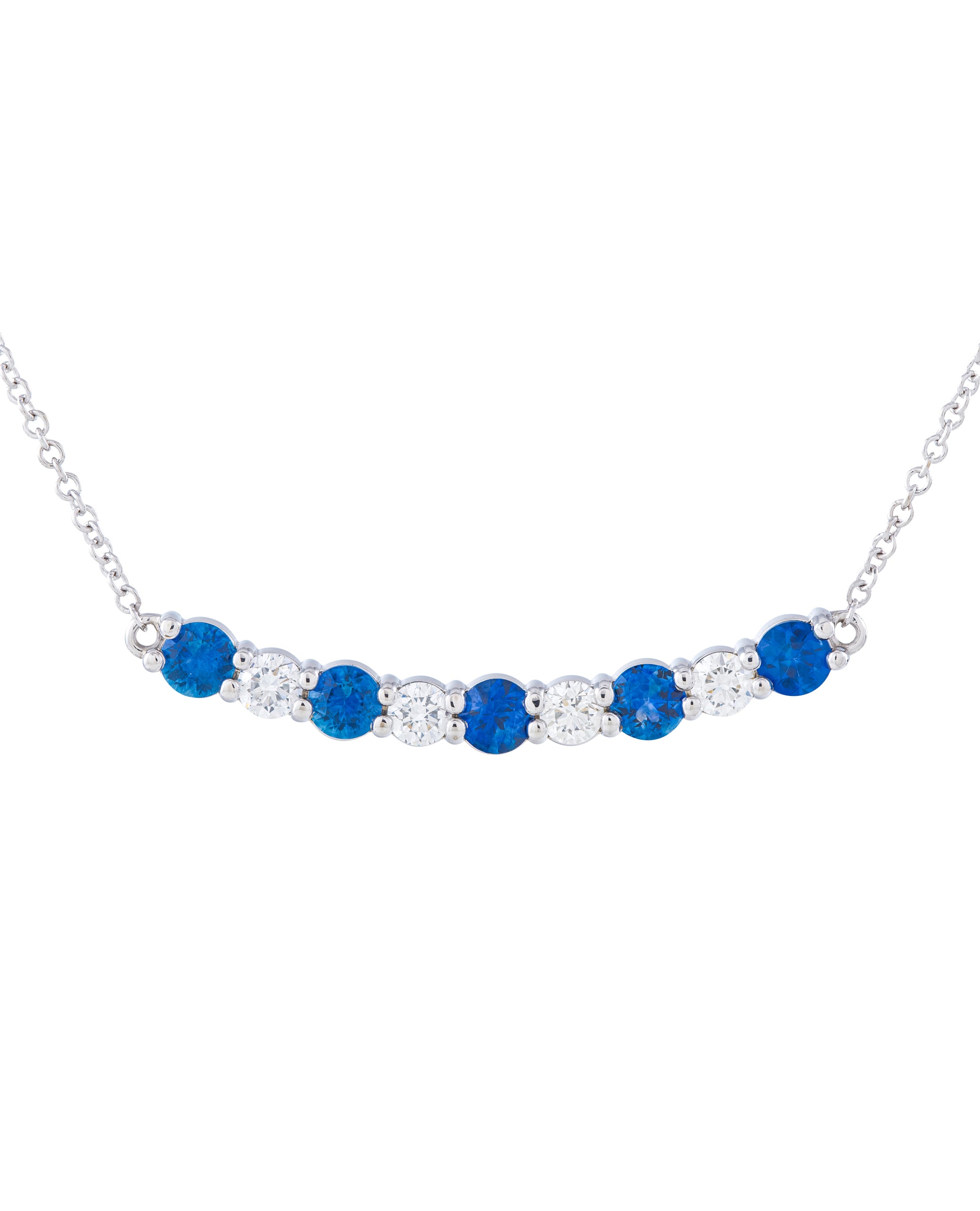 14K White Gold Single Row Pendant Necklace with Alternating 0.79 Carat Round Sapphires & 0.40 Carat Round Diamond