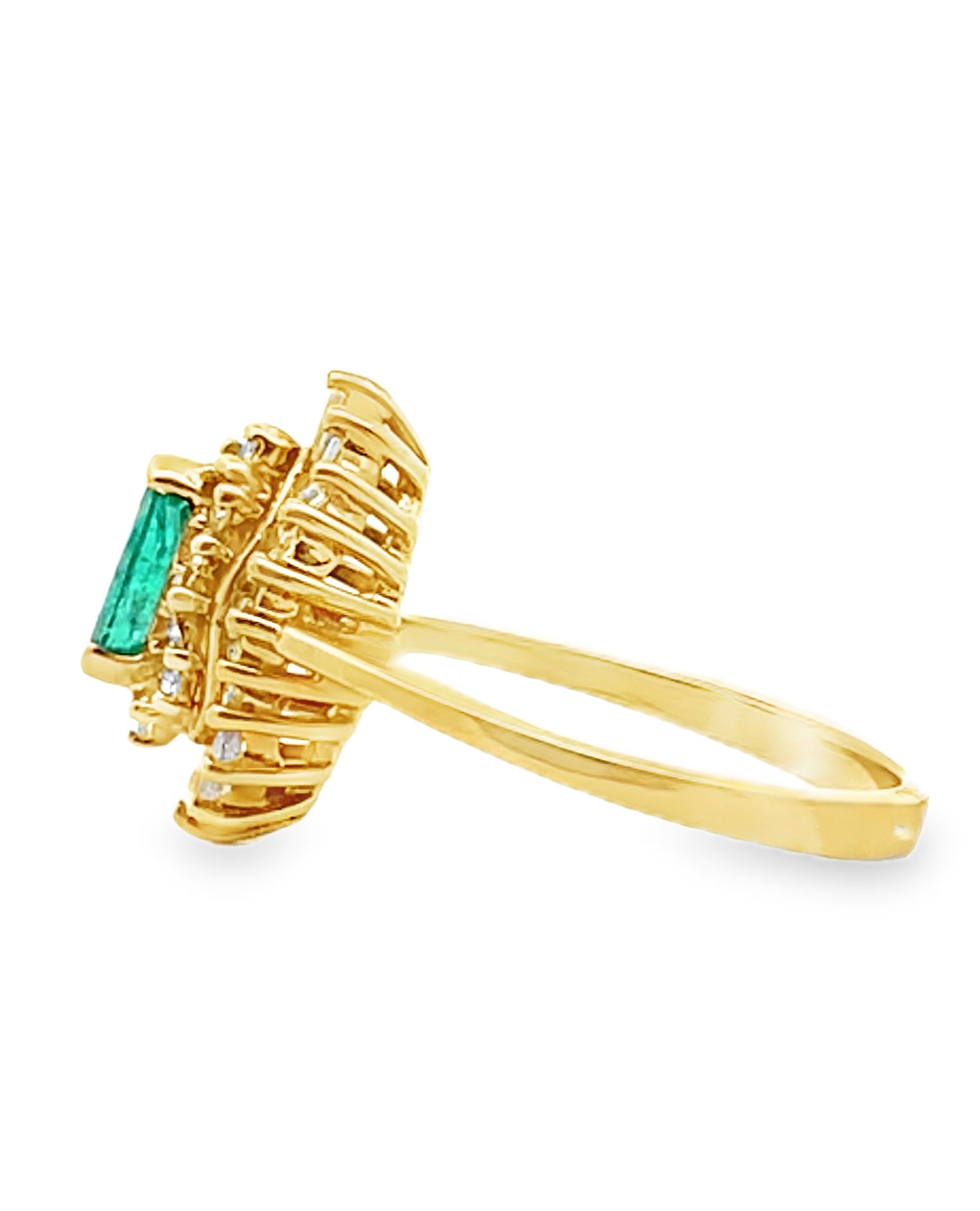 Vintage Marquise 0.30 Carat Emerald in 18K Yellow Gold Cocktail Ballerina Ring with 0.68 Carat Double Halo Diamonds