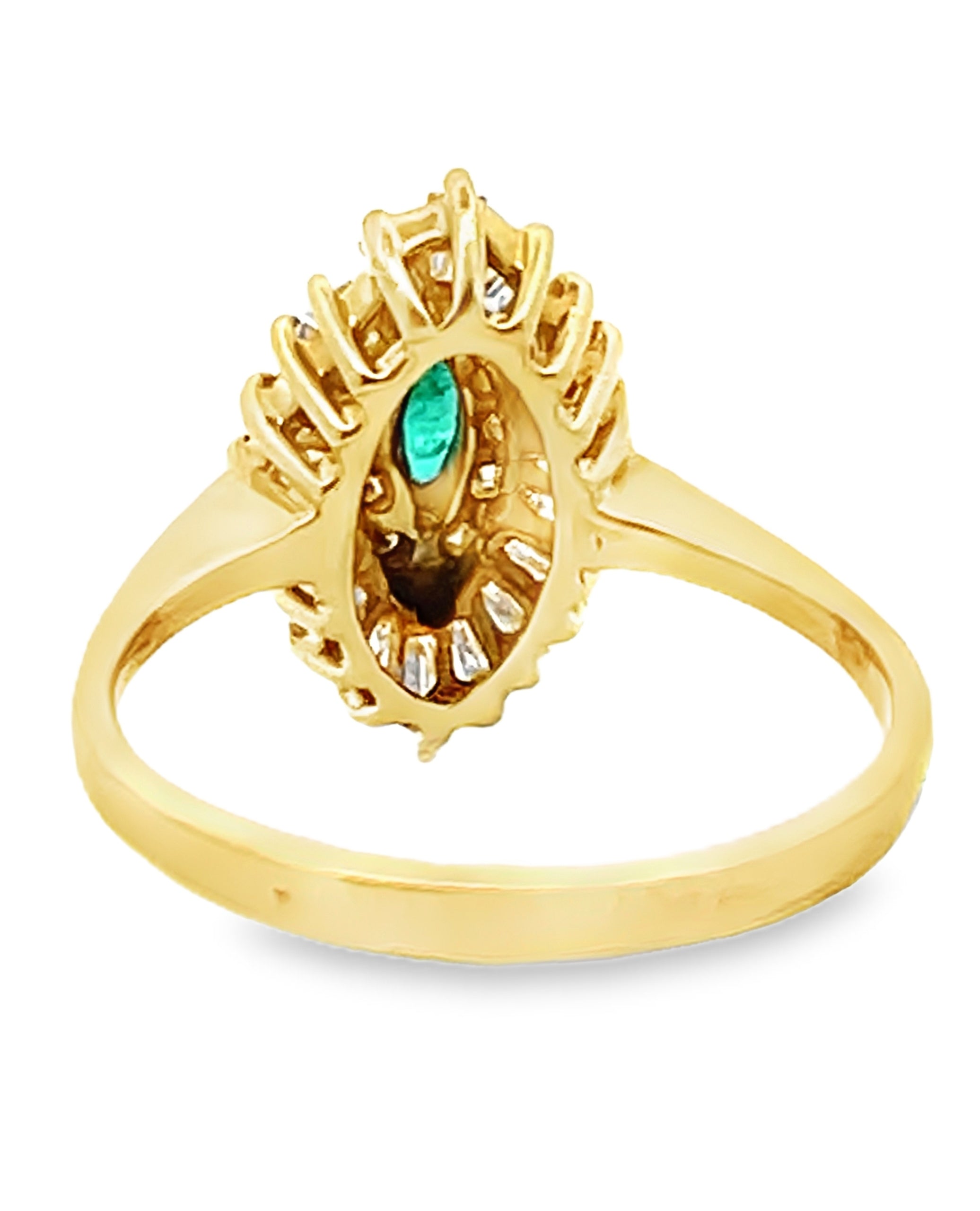 Vintage Marquise 0.30 Carat Emerald in 18K Yellow Gold Cocktail Ballerina Ring with 0.68 Carat Double Halo Diamonds