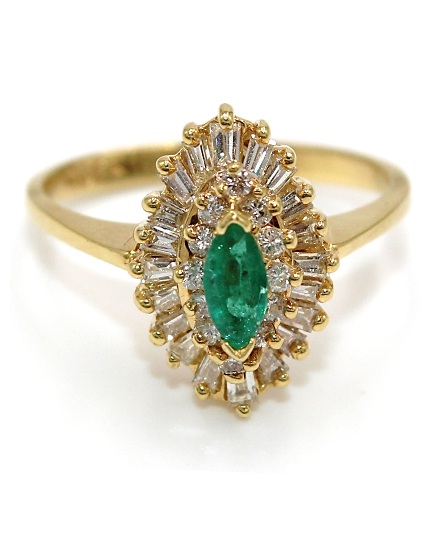 Vintage Marquise Emerald Ring with Round and Baguette Diamonds in 18K Yellow Gold