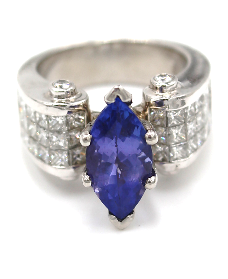 Marquie Tanzanite and Invisibly Set Diamonds in Platinum Ring