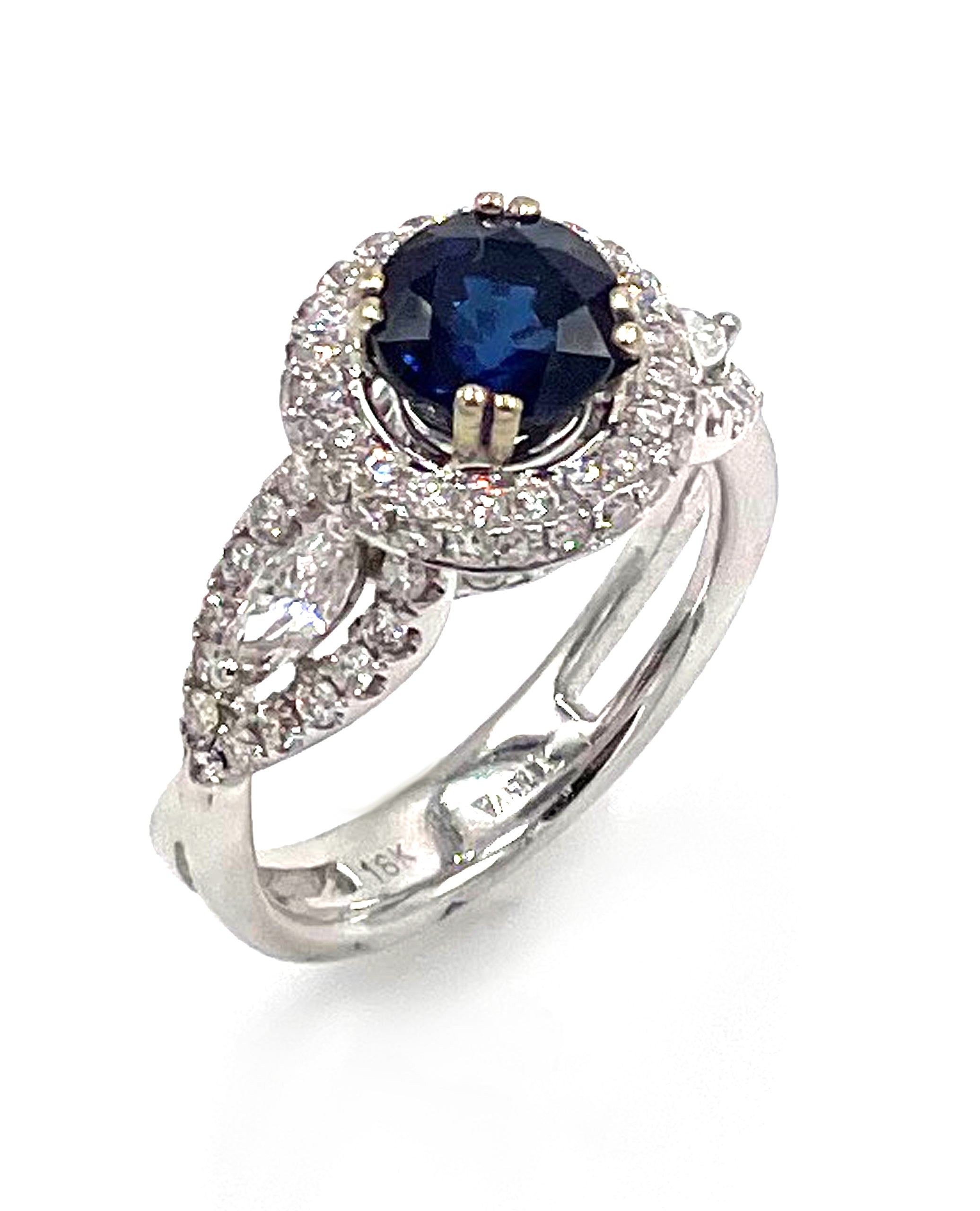 Vanna K 18K White Gold Halo Ring with Round Sapphire and Marquise Diamonds