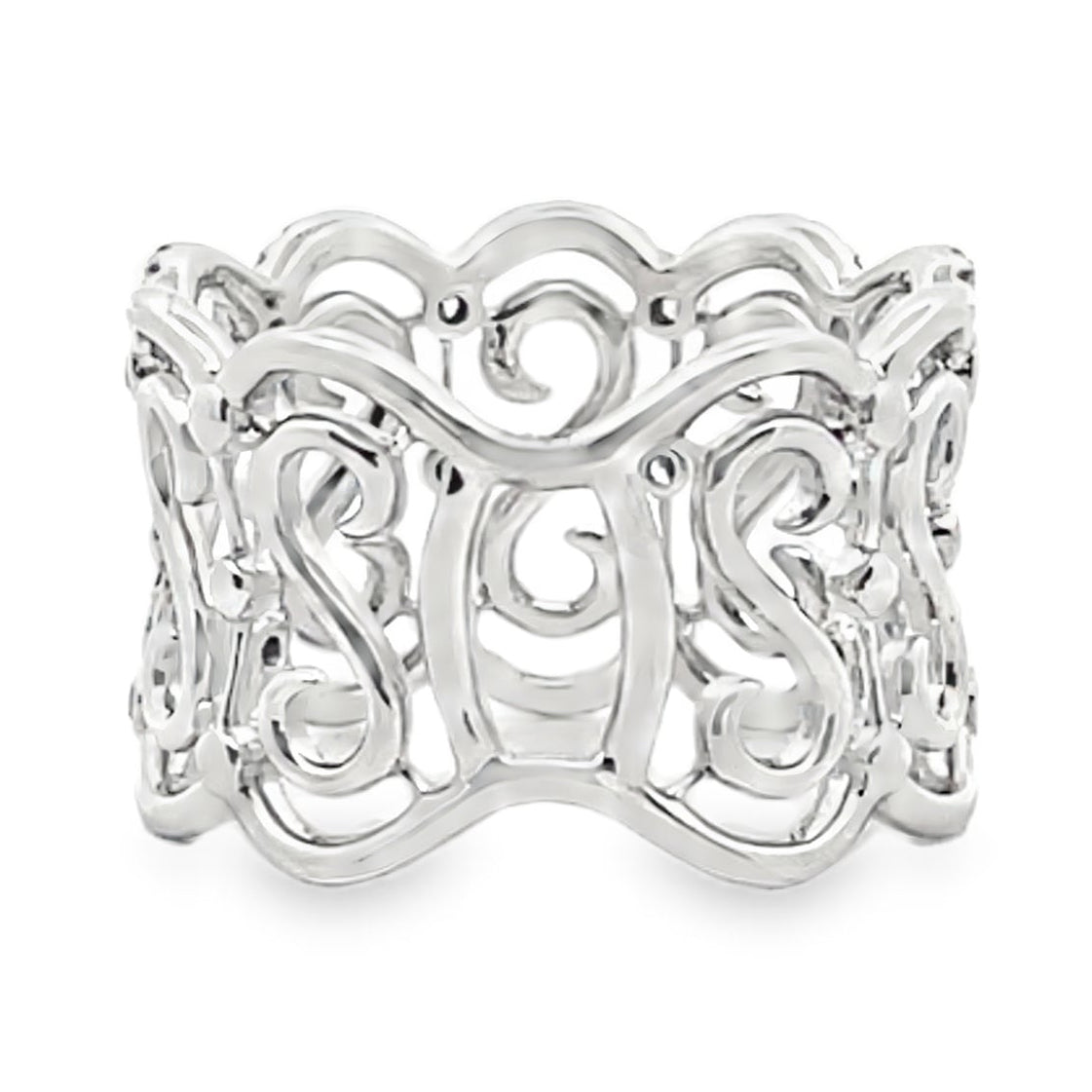 Vanna K Wide 14 Millimeter Diamond Ring in 18K White Gold with Repeating "S" Motif, Round Diamonds Totaling 0.69 Carats
