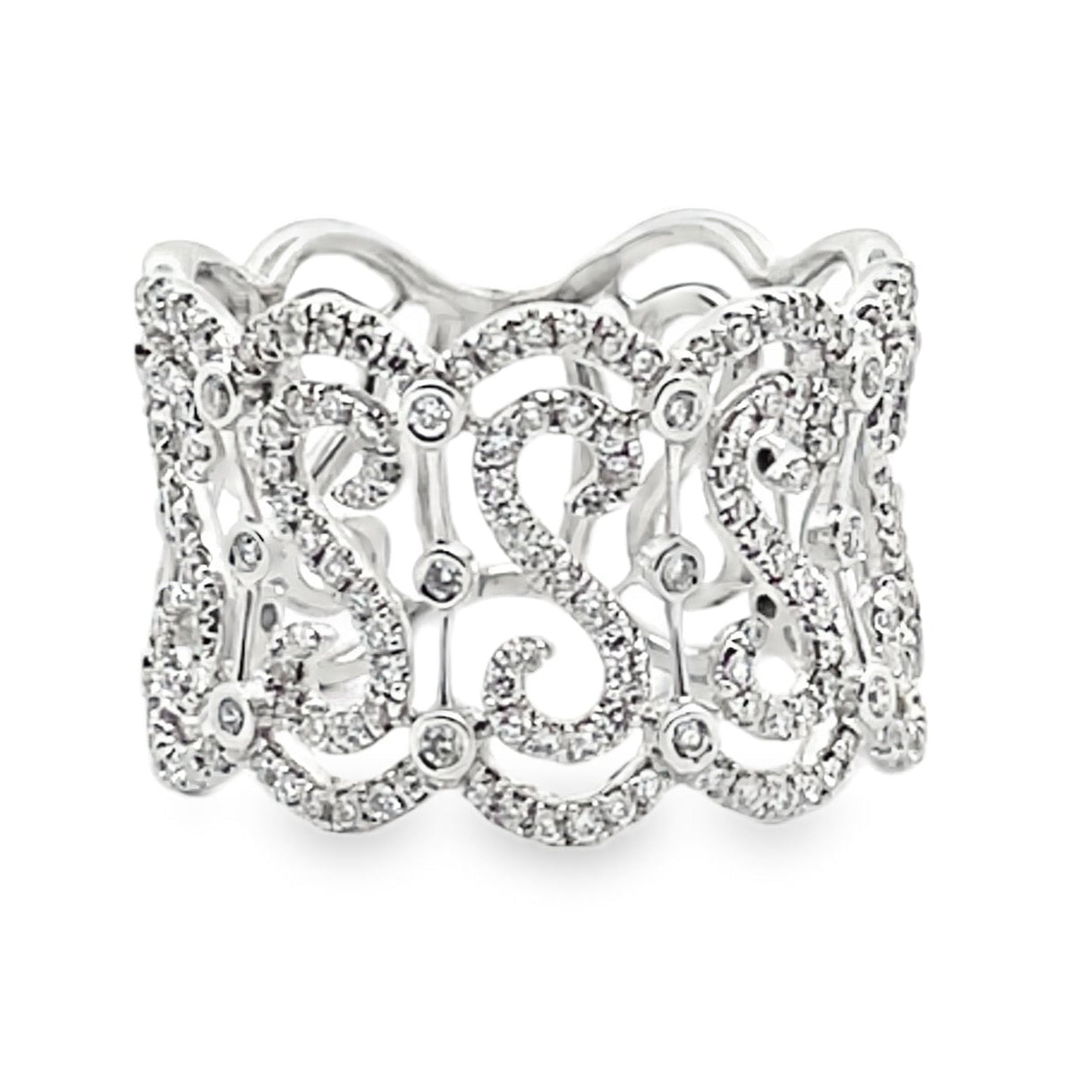 Vanna K Wide 14 Millimeter Diamond Ring in 18K White Gold with Repeating "S" Motif, Round Diamonds Totaling 0.69 Carats