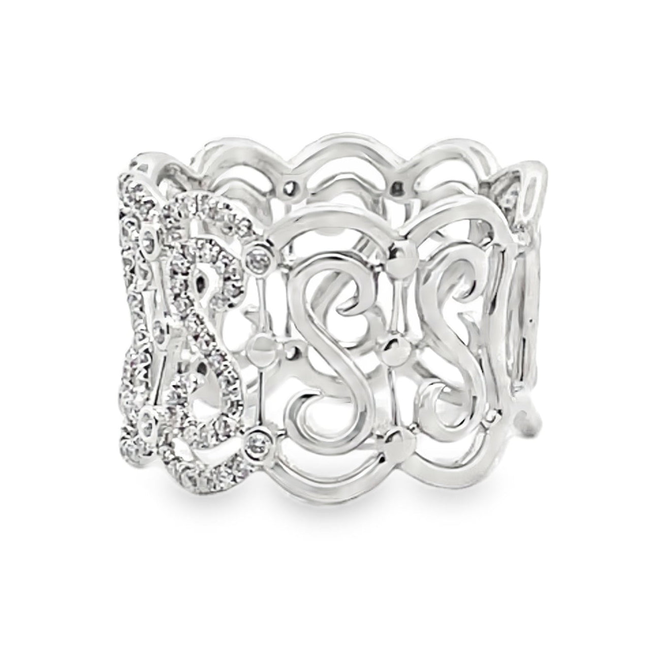 Vanna K Wide 14 Millimeter Diamond Ring in 18K White Gold with Repeating "S" Motif, Round Diamonds Totaling 0.69 Carats