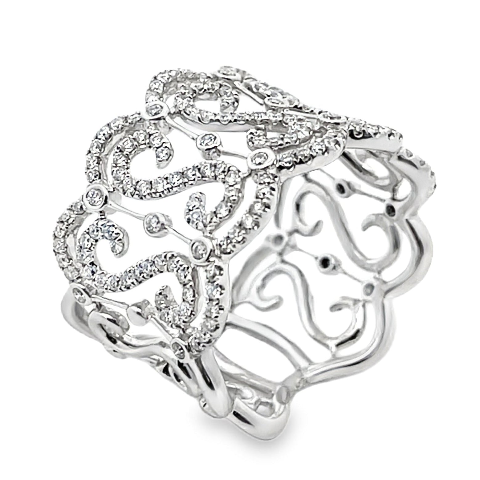 Vanna K Wide 14 Millimeter Diamond Ring in 18K White Gold with Repeating "S" Motif, Round Diamonds Totaling 0.69 Carats