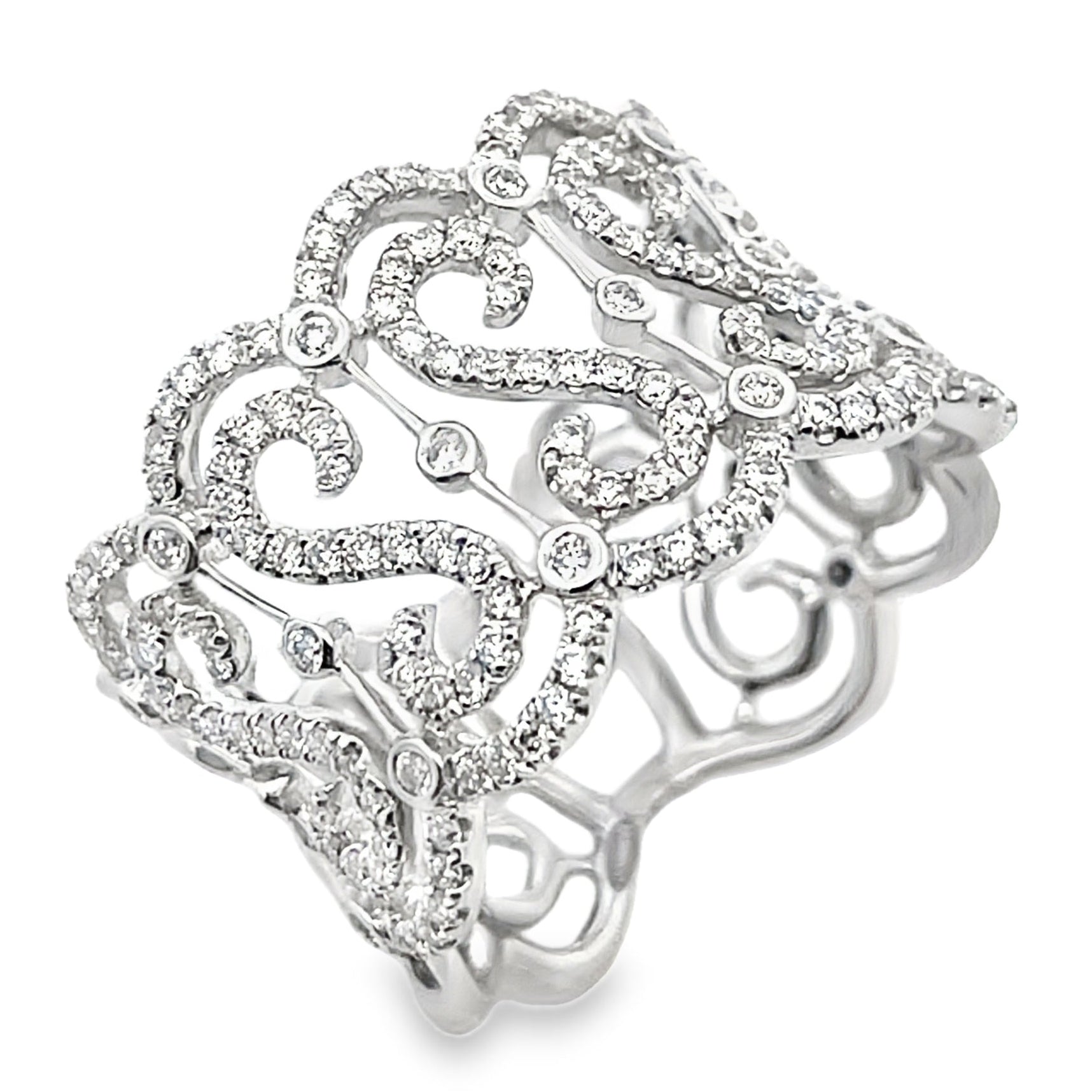 Vanna K Wide 14 Millimeter Diamond Ring in 18K White Gold with Repeating "S" Motif, Round Diamonds Totaling 0.69 Carats