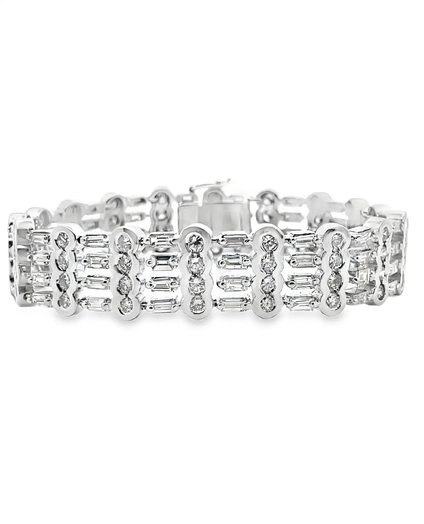 Vintage 18K White Gold Wide Multi-row Bracelet 9.88 Carat Round & Baguette Natural Diamonds