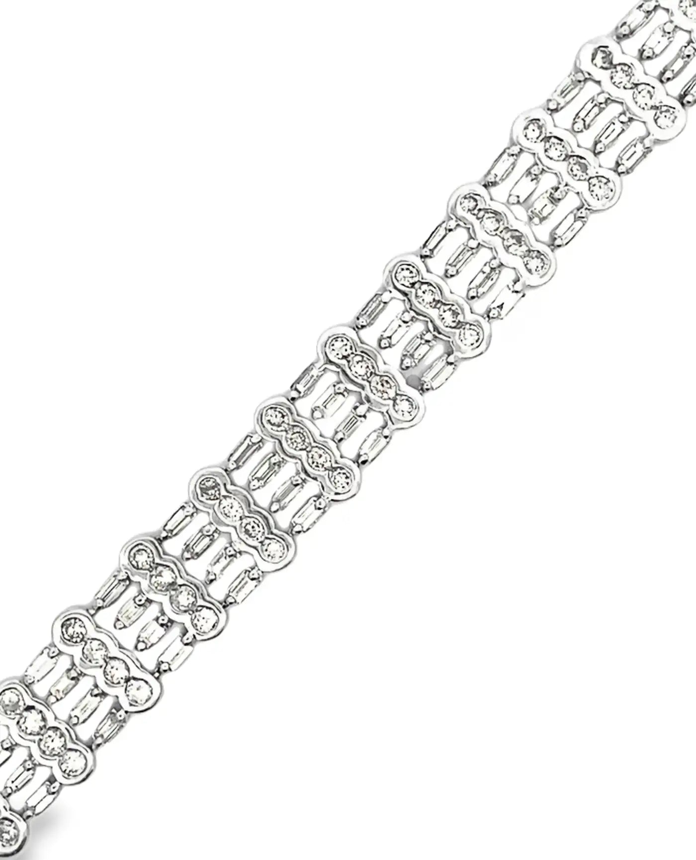 Vintage 18K White Gold Wide Multi-row Bracelet 9.88 Carat Round & Baguette Natural Diamonds