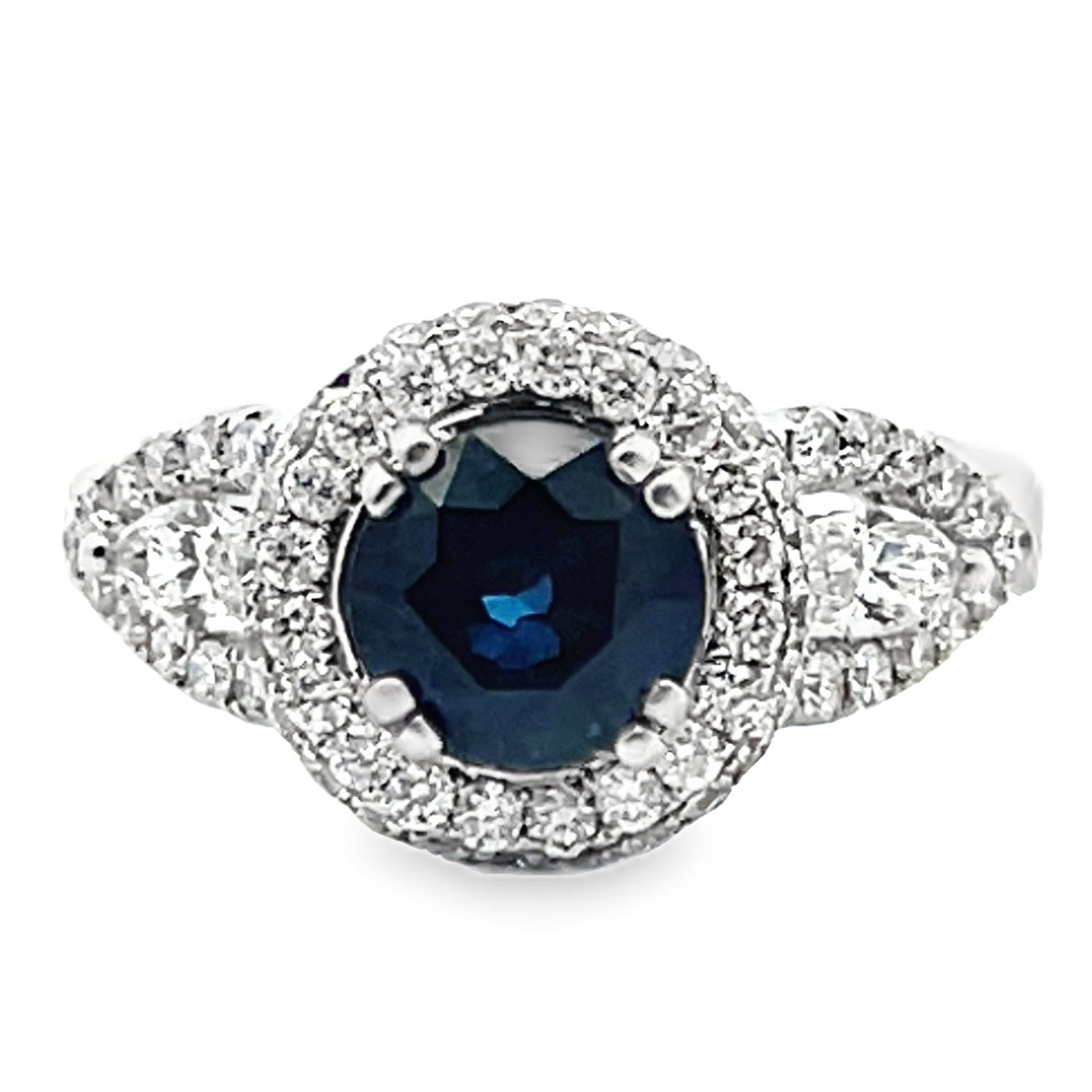 Vanna K 18K White Gold Halo Ring with Round Sapphire and Marquise Diamonds