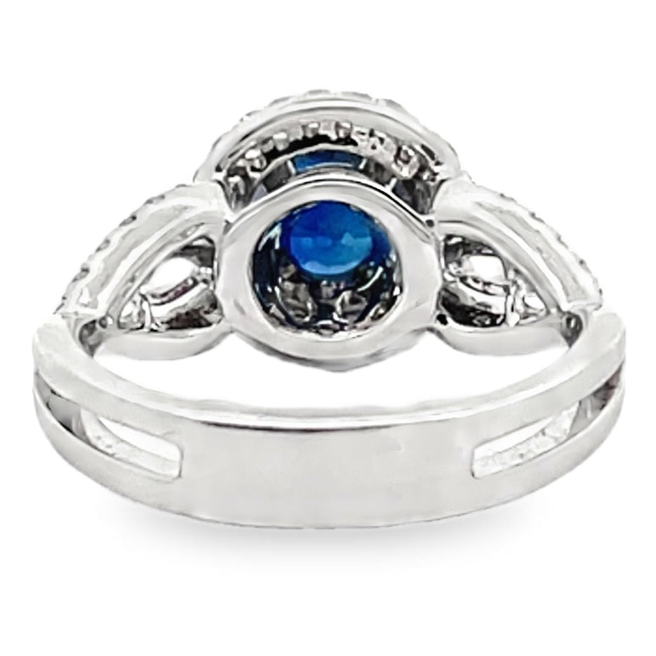 Vanna K 18K White Gold Halo Ring with Round Sapphire and Marquise Diamonds