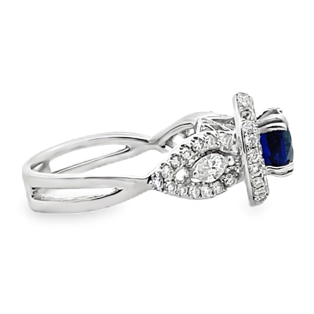 Vanna K 18K White Gold Halo Ring with Round Sapphire and Marquise Diamonds