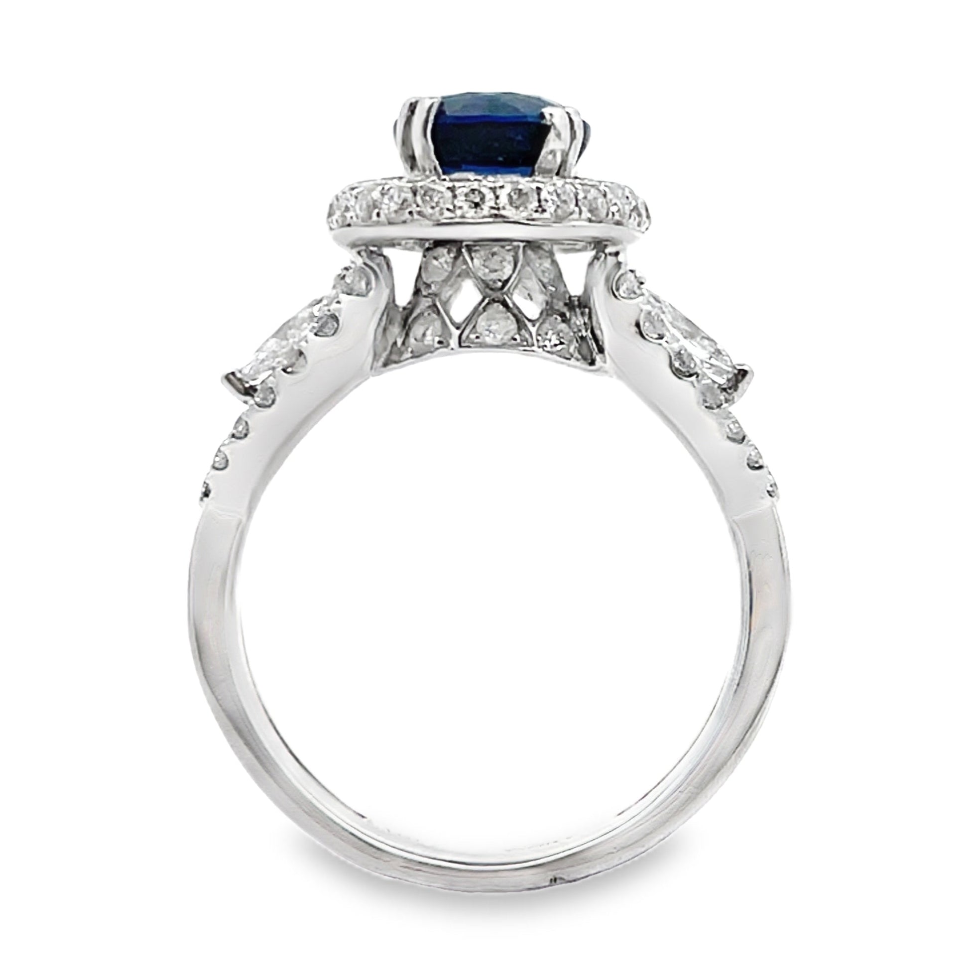 Vanna K 18K White Gold Halo Ring with Round Sapphire and Marquise Diamonds
