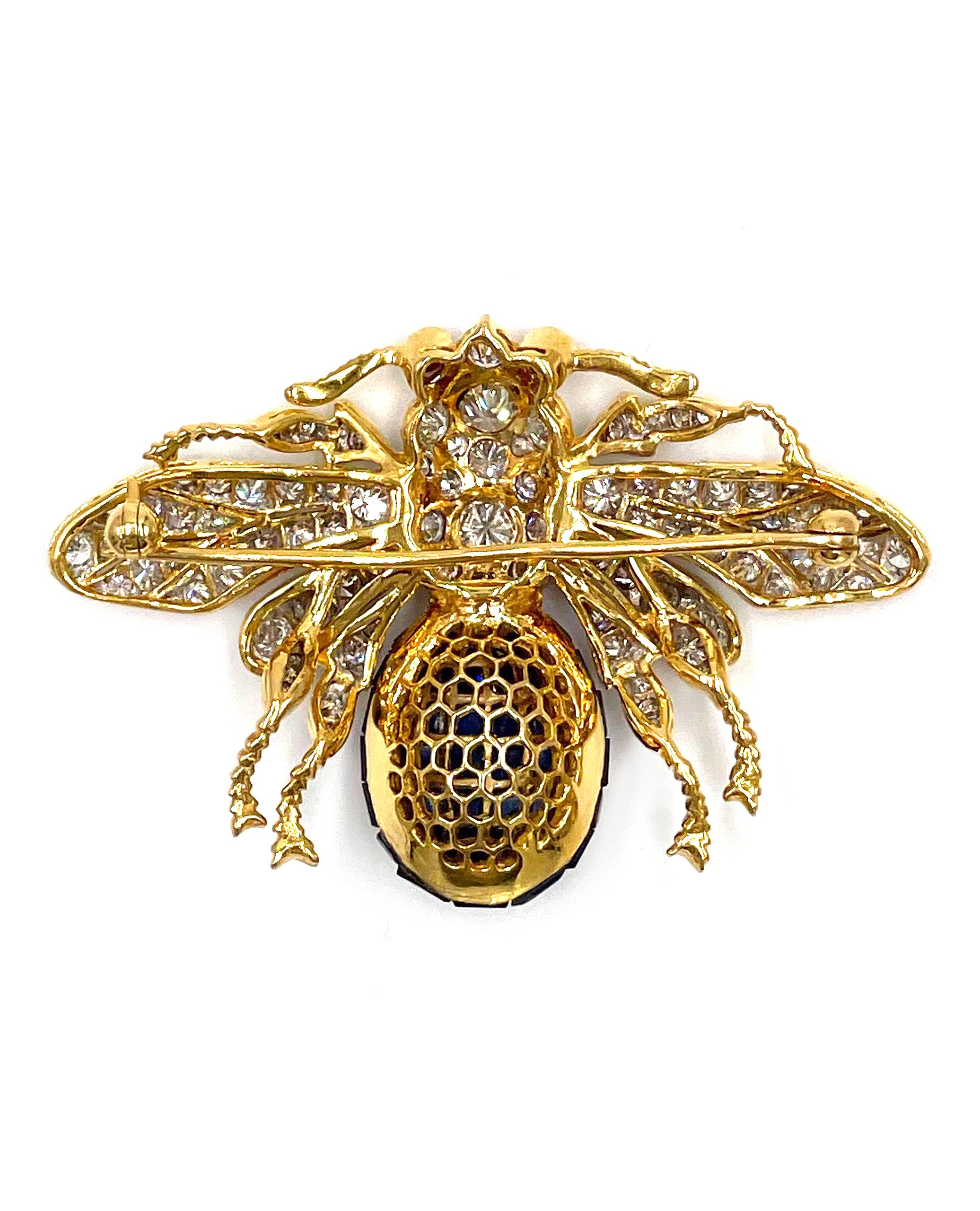 Pre-owned 18K Yellow Gold Deep Intense Blue Sapphire Bee Pin