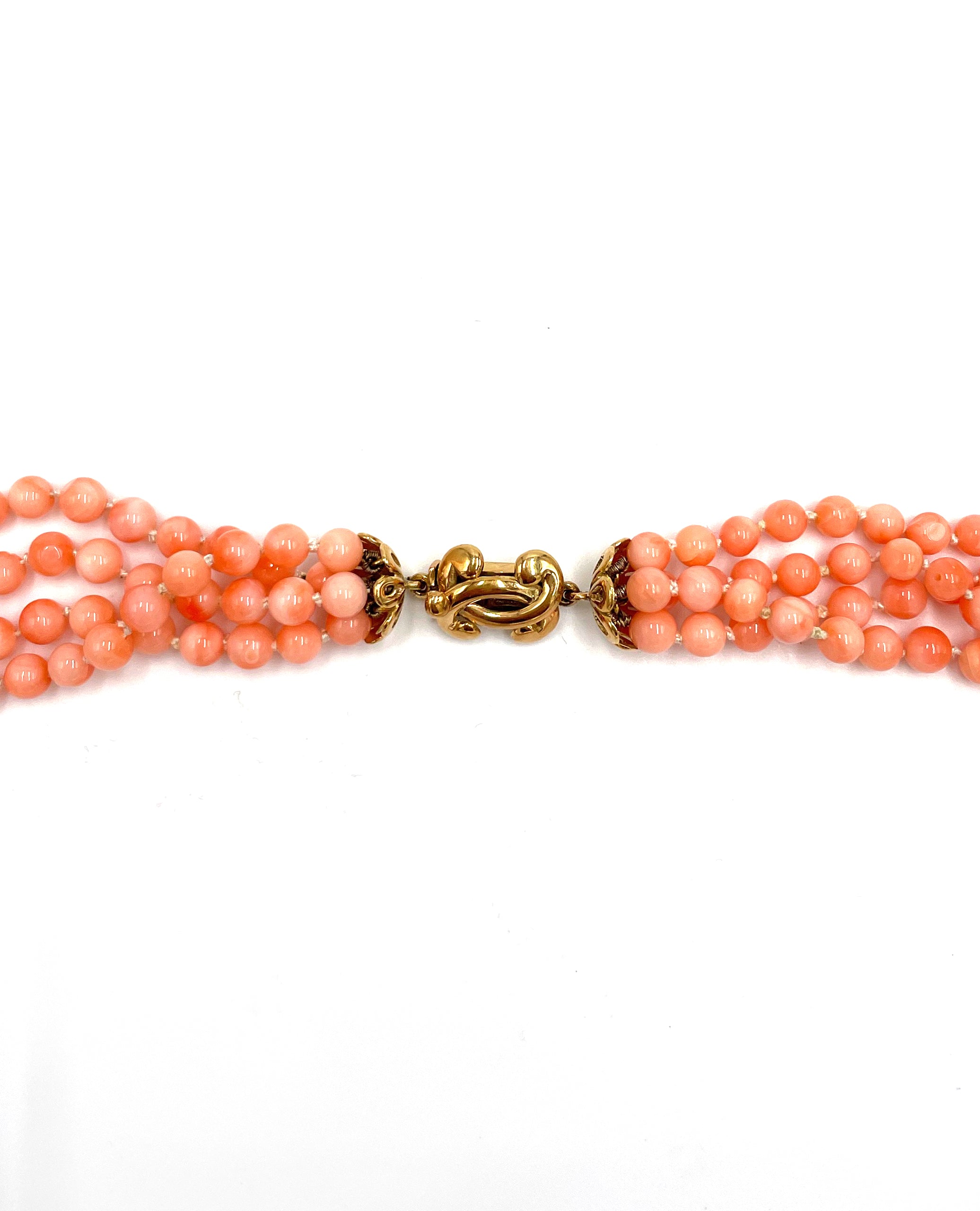 Pre-owned Vintage 18K Yellow Gold Diamond and Angel Coral Bead Tassel Necklace