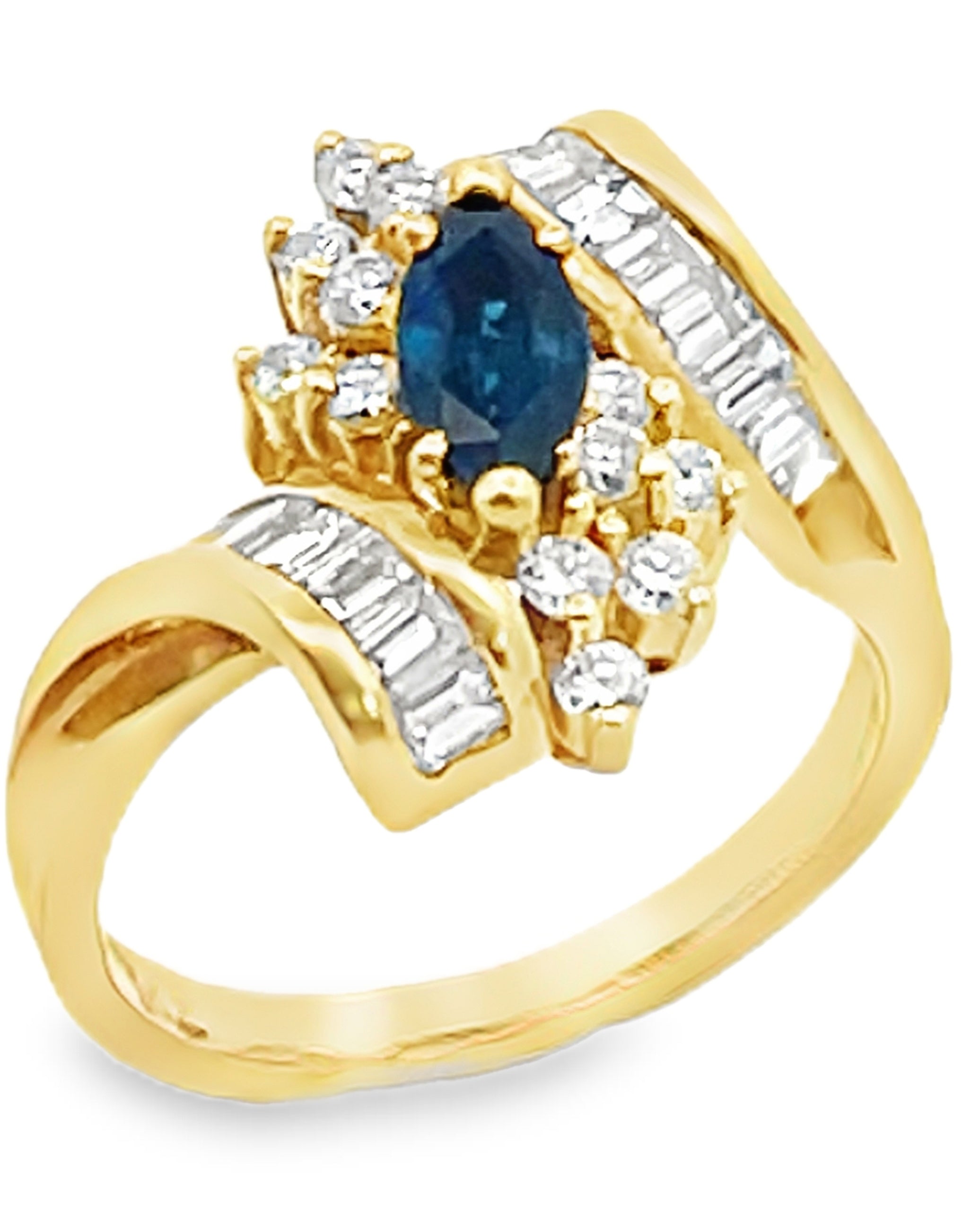 Vintage 0.80 Carat Marquise Sapphire Ring with Bageutte and Round Diamonds 1.10 Carats in 18K Yellow Gold