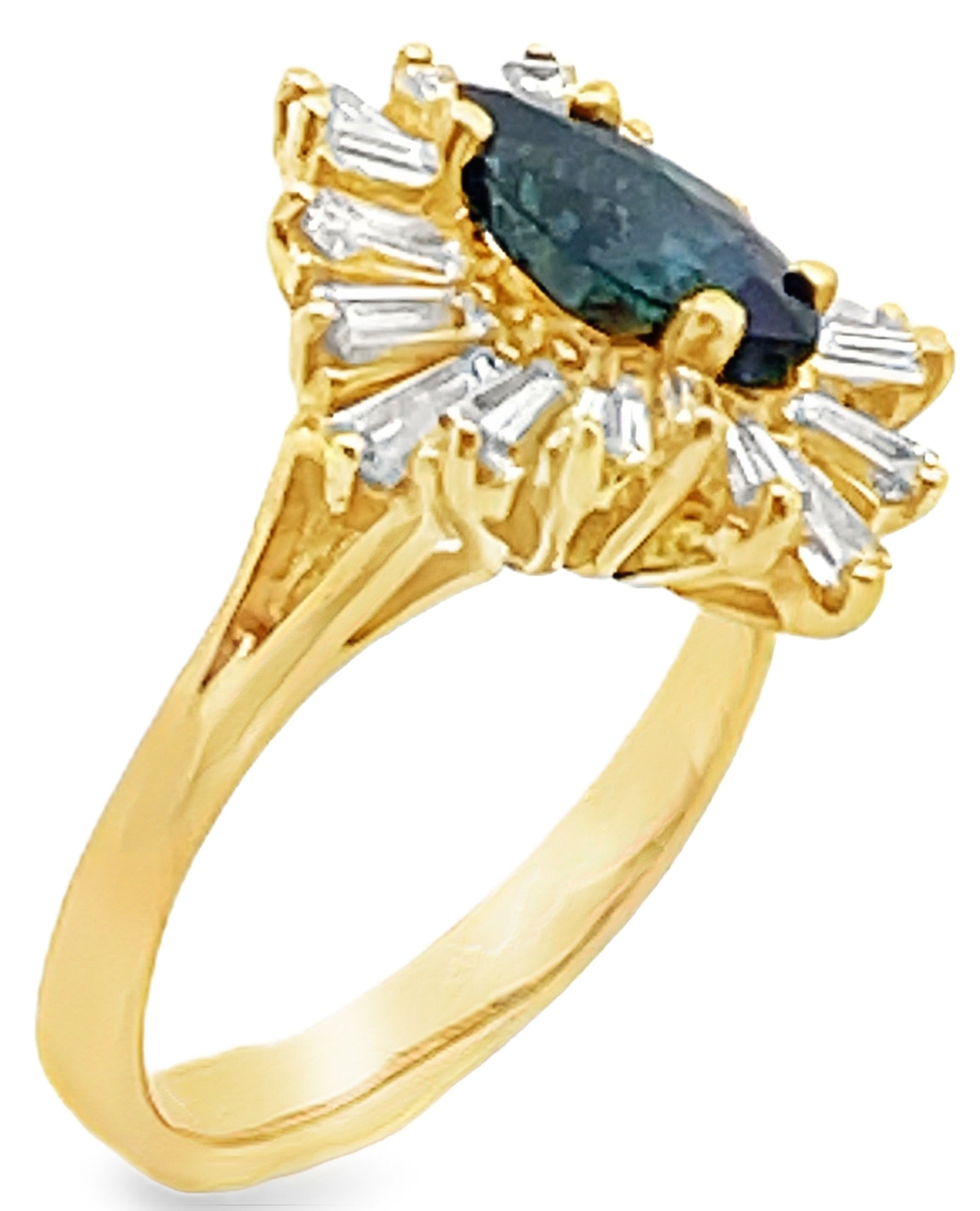 Vintage 1.38 Carat Marquise Sapphire Ring with 1.35 Carat Baguette Halo Diamonds